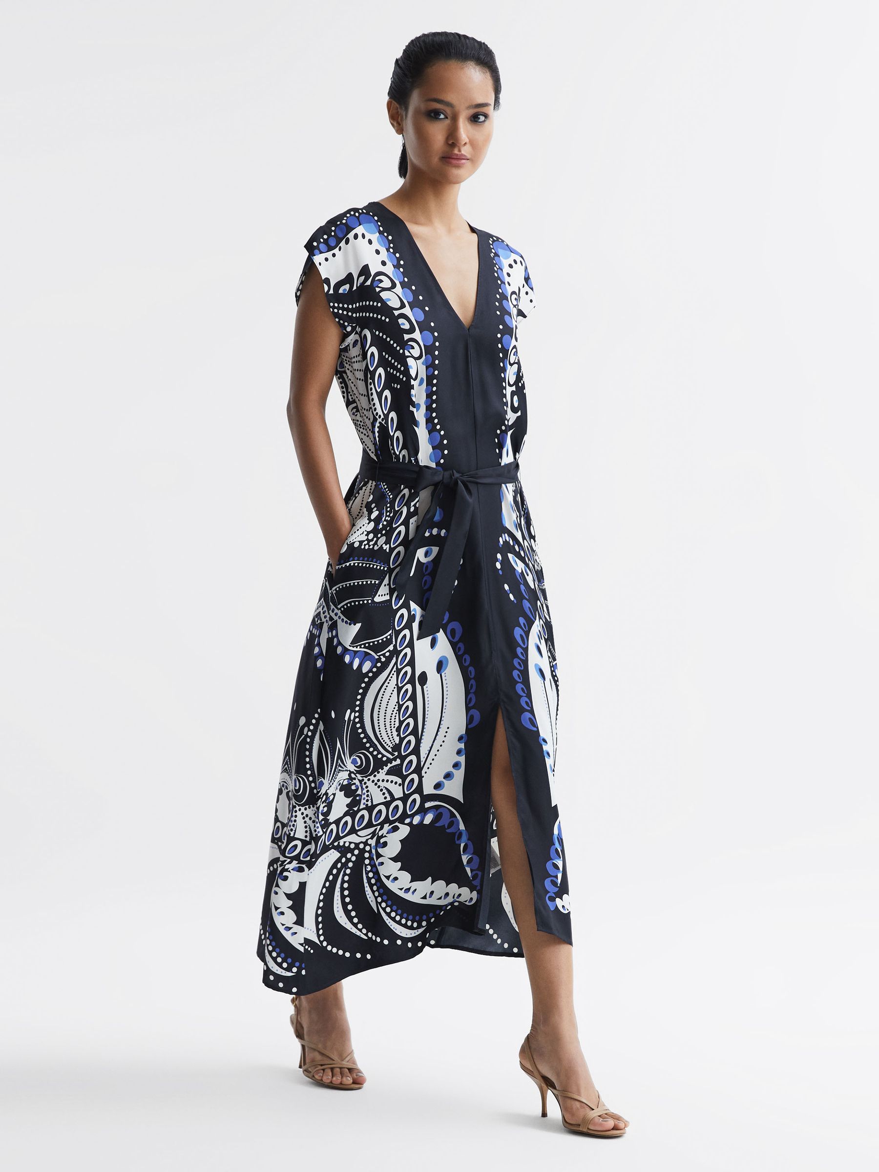 Scarf Printed Midi Dress in Navy/White - Image 1 of 7