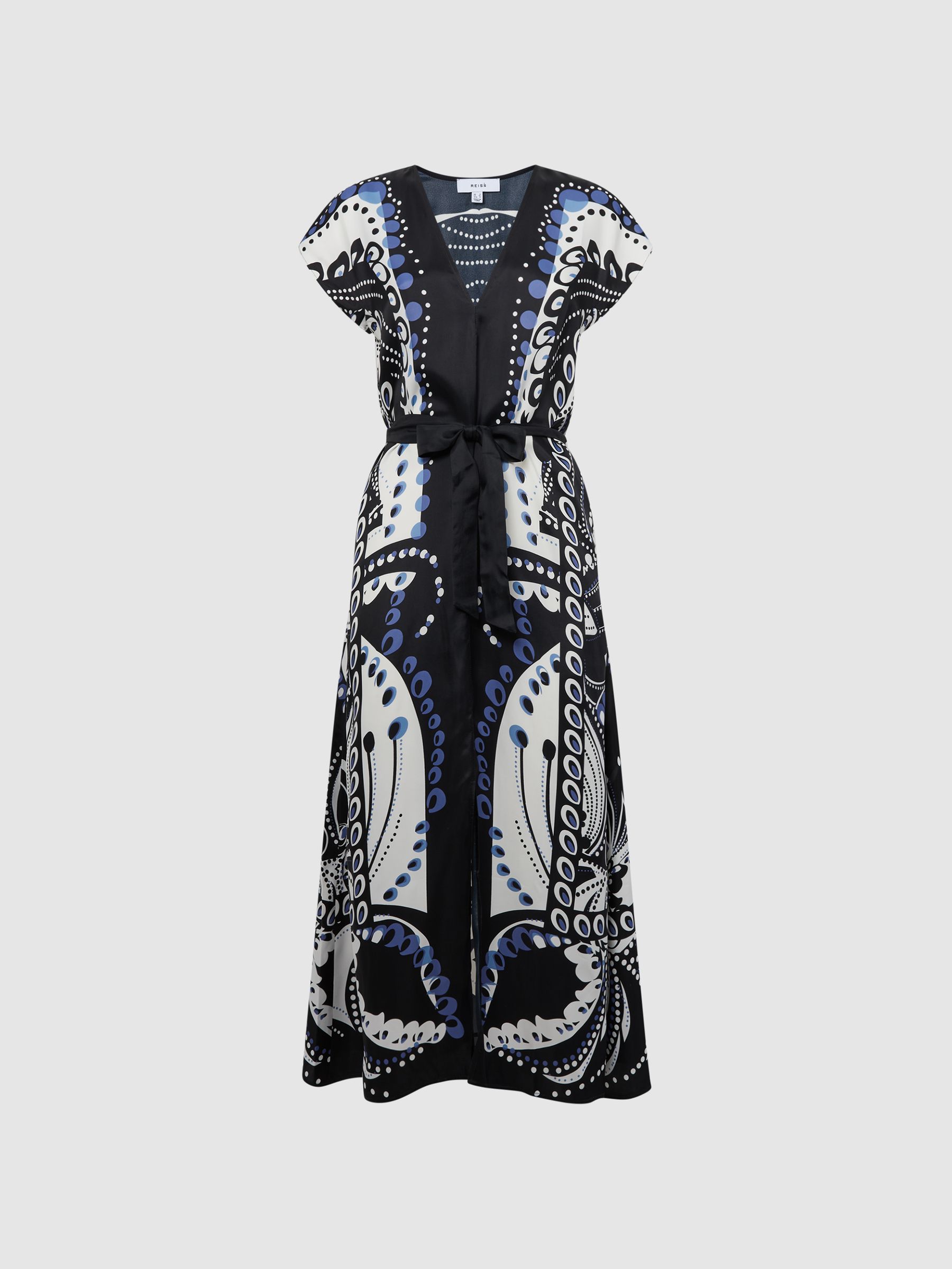 Scarf Printed Midi Dress in Navy/White - Image 2 of 7