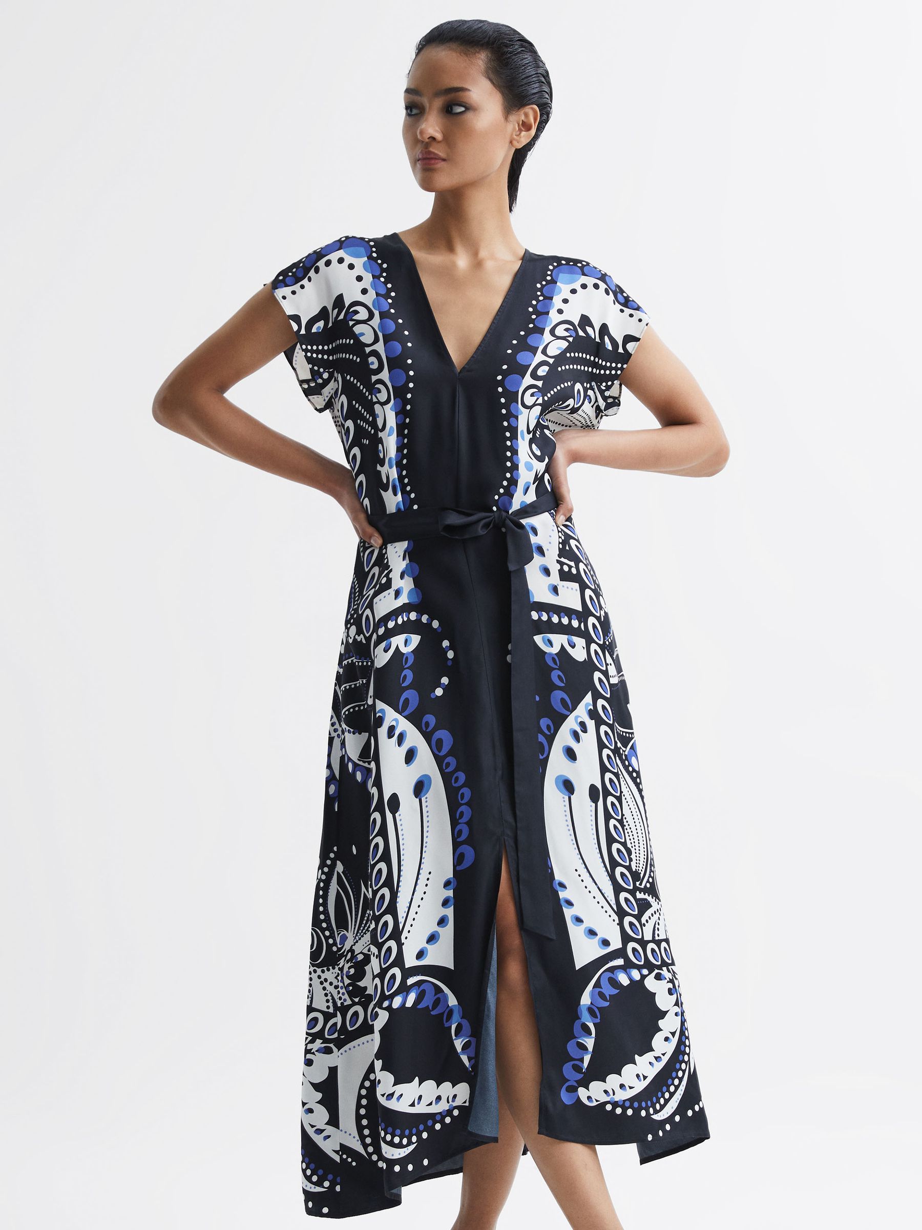 Scarf Printed Midi Dress in Navy/White - Image 3 of 7