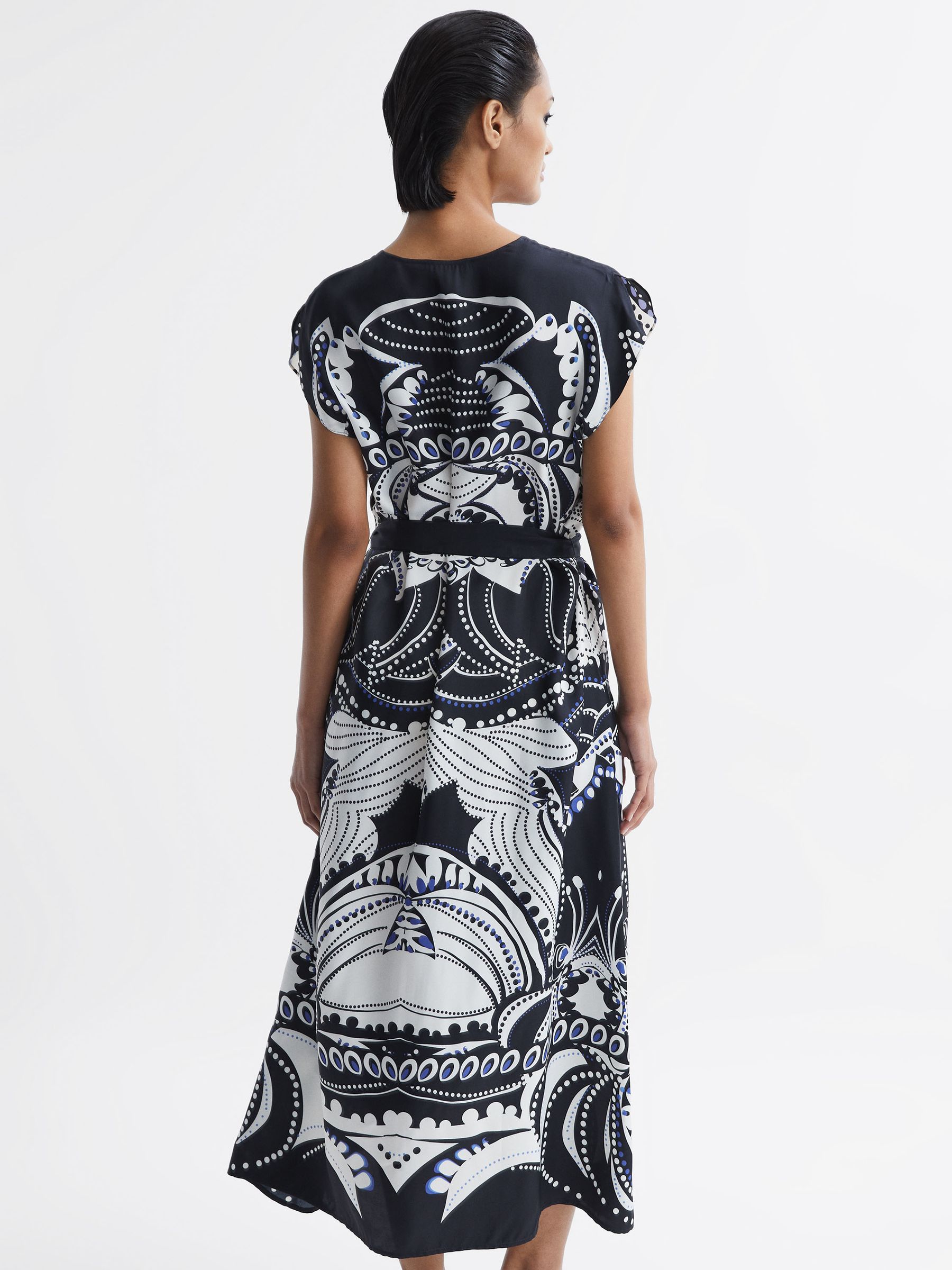 Reiss Scarf Printed Midi Dress in Navy/White | REISS