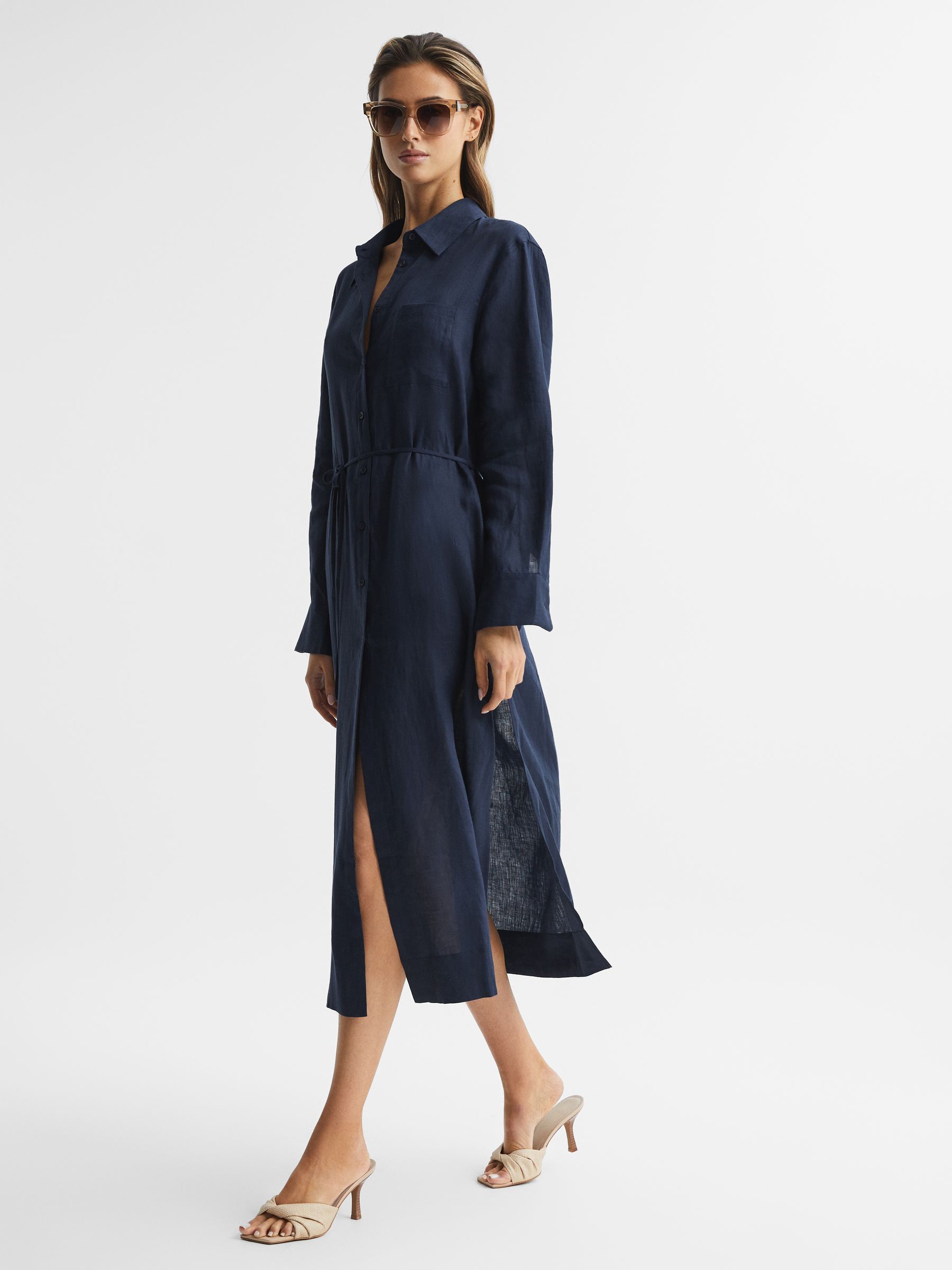 Collared Front Slip Midi Dress in Navy - Image 1 of 6 Collared Front Slip Midi Dress in Navy - Image 1 of 6