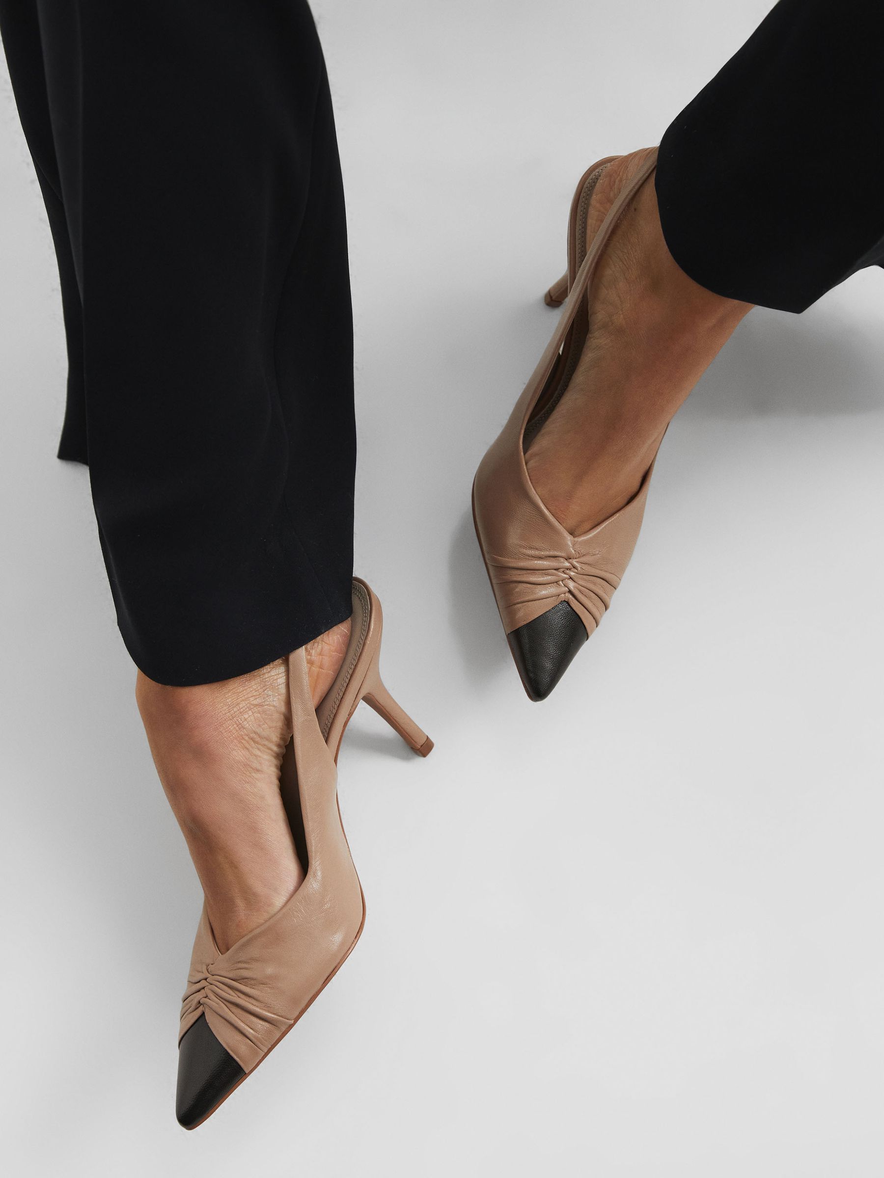Mid Heel Leather Sling Back Court Shoes in Nude - Image 3 of 6