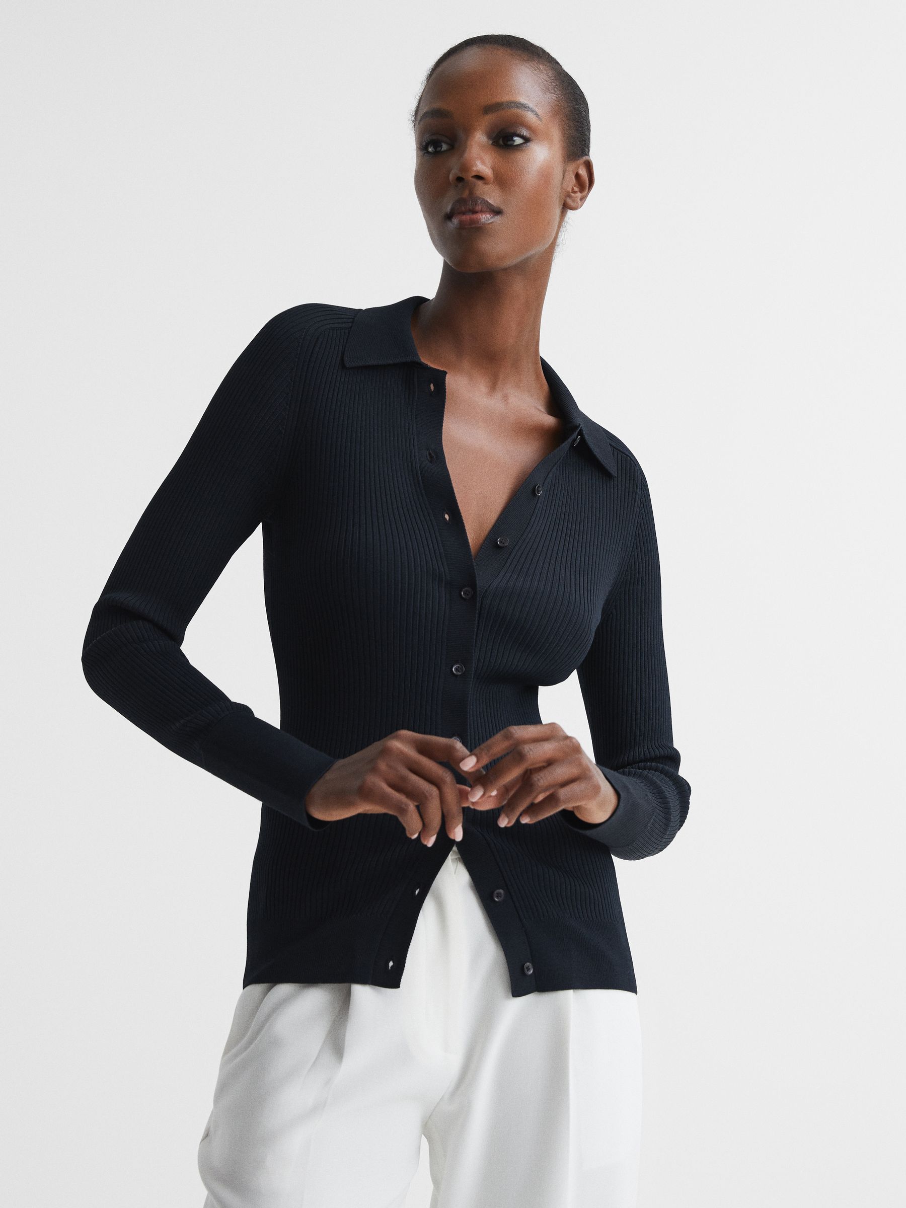 Ribbed Button Through Shirt in Navy - Image 1 of 5