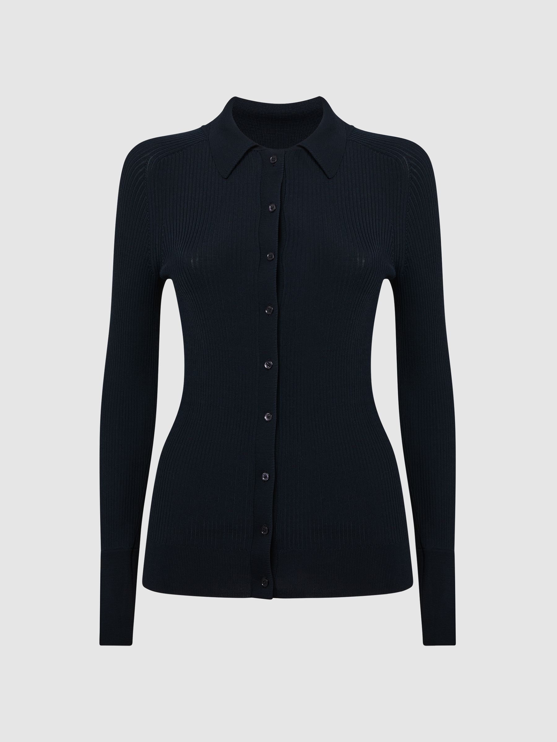 Ribbed Button Through Shirt in Navy - Image 2 of 5