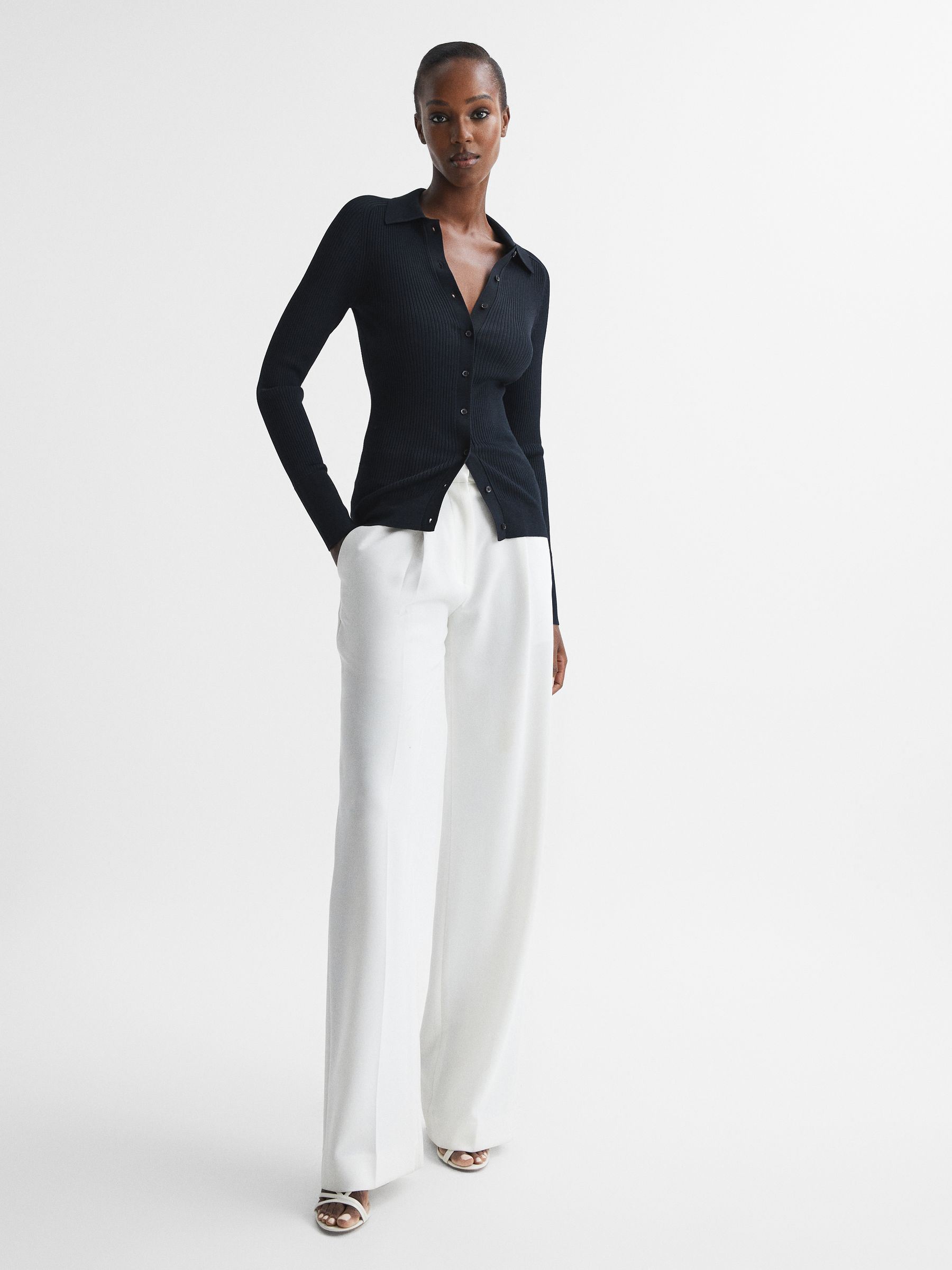 Ribbed Button Through Shirt in Navy - Image 3 of 5