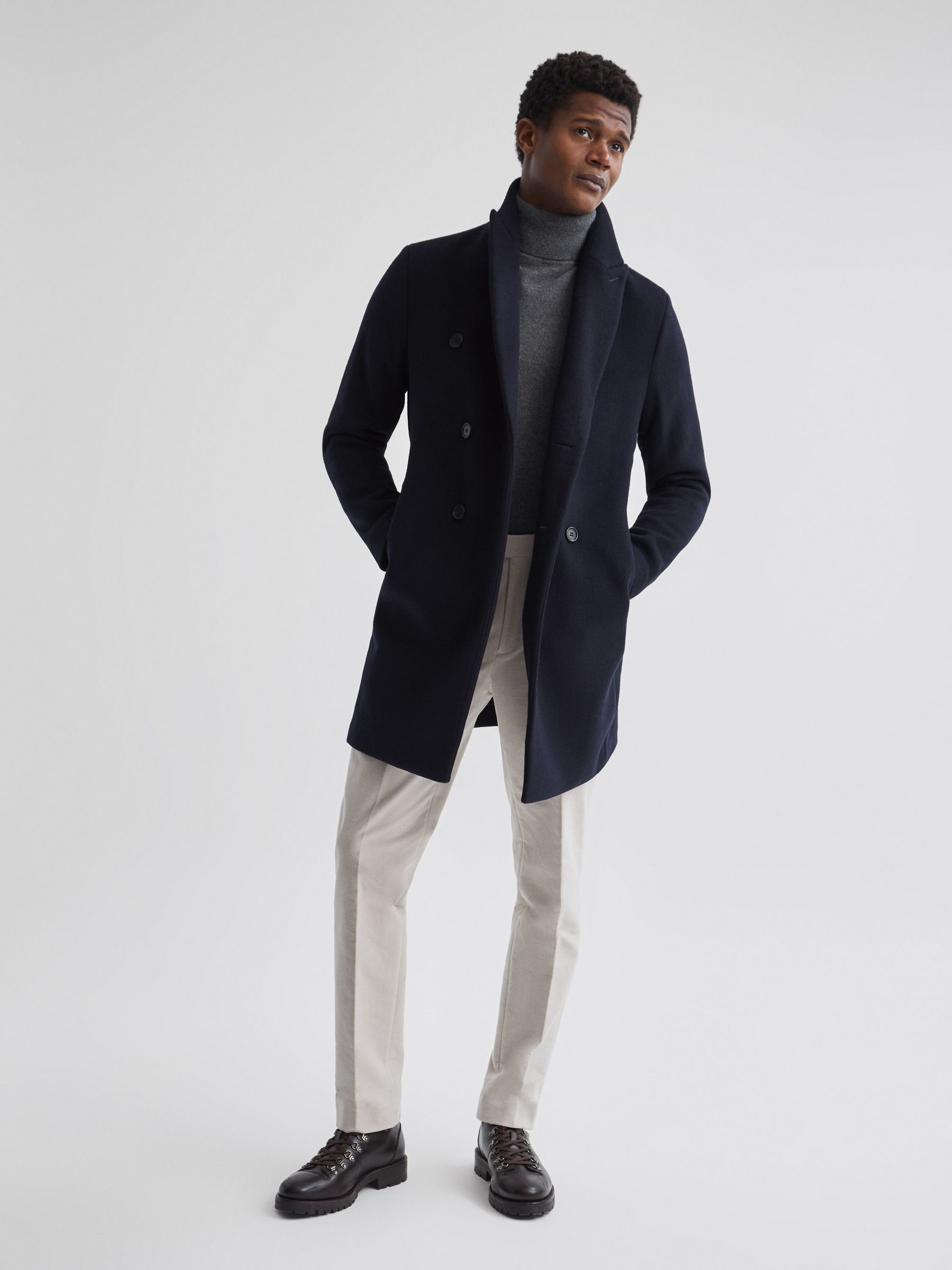 Double Breasted Wool Blend Overcoat in Navy - Image 1 of 7