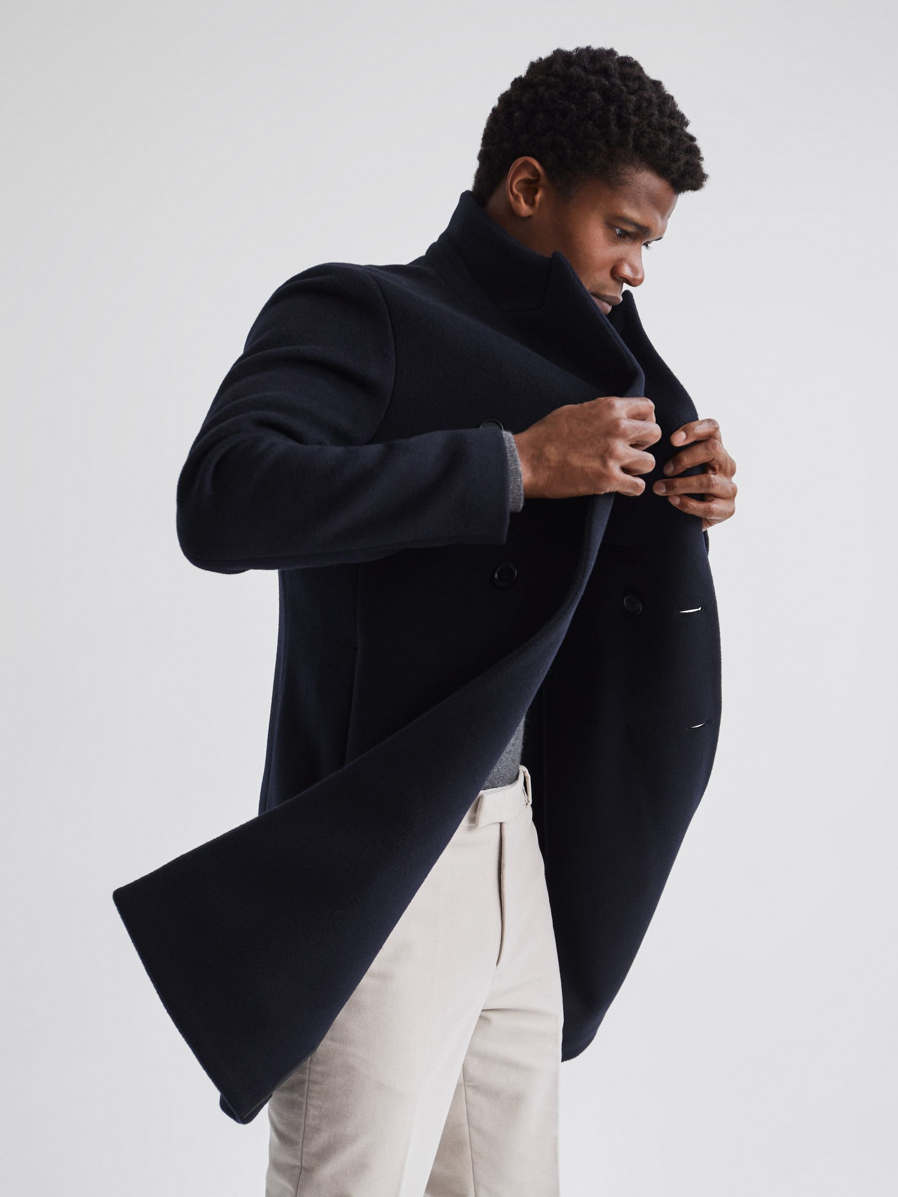 Double Breasted Wool Blend Overcoat in Navy - Image 3 of 7