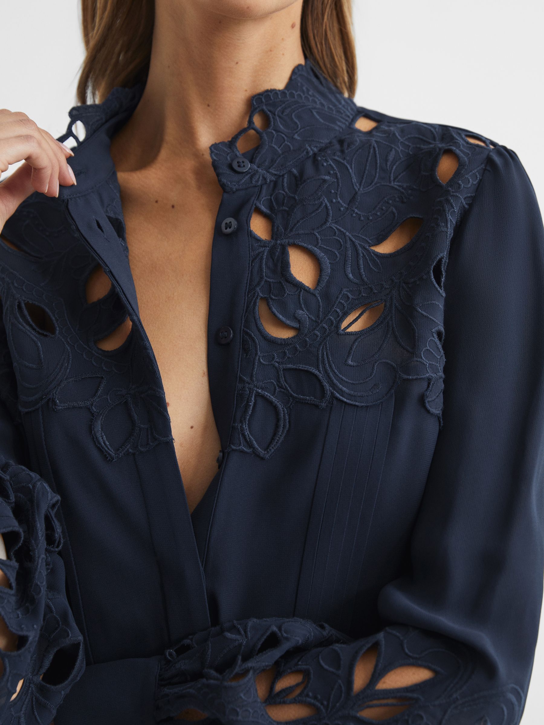 Lace Detail Shirt Blouse in Navy - Image 4 of 6