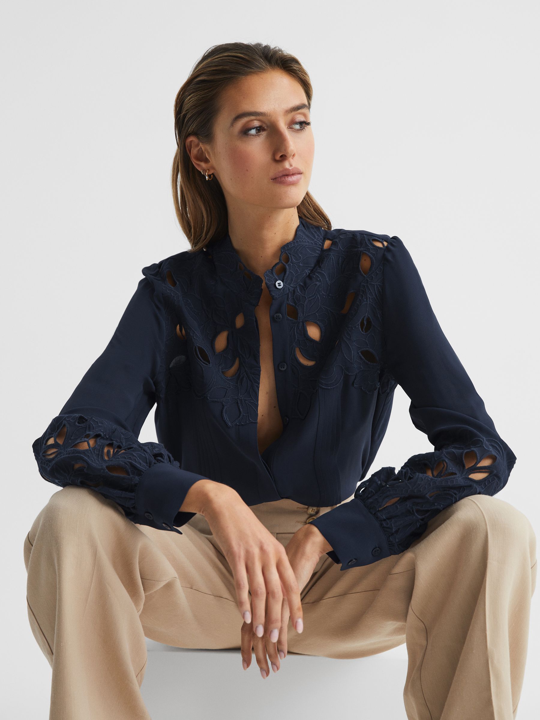 Lace Detail Shirt Blouse in Navy - Image 6 of 6