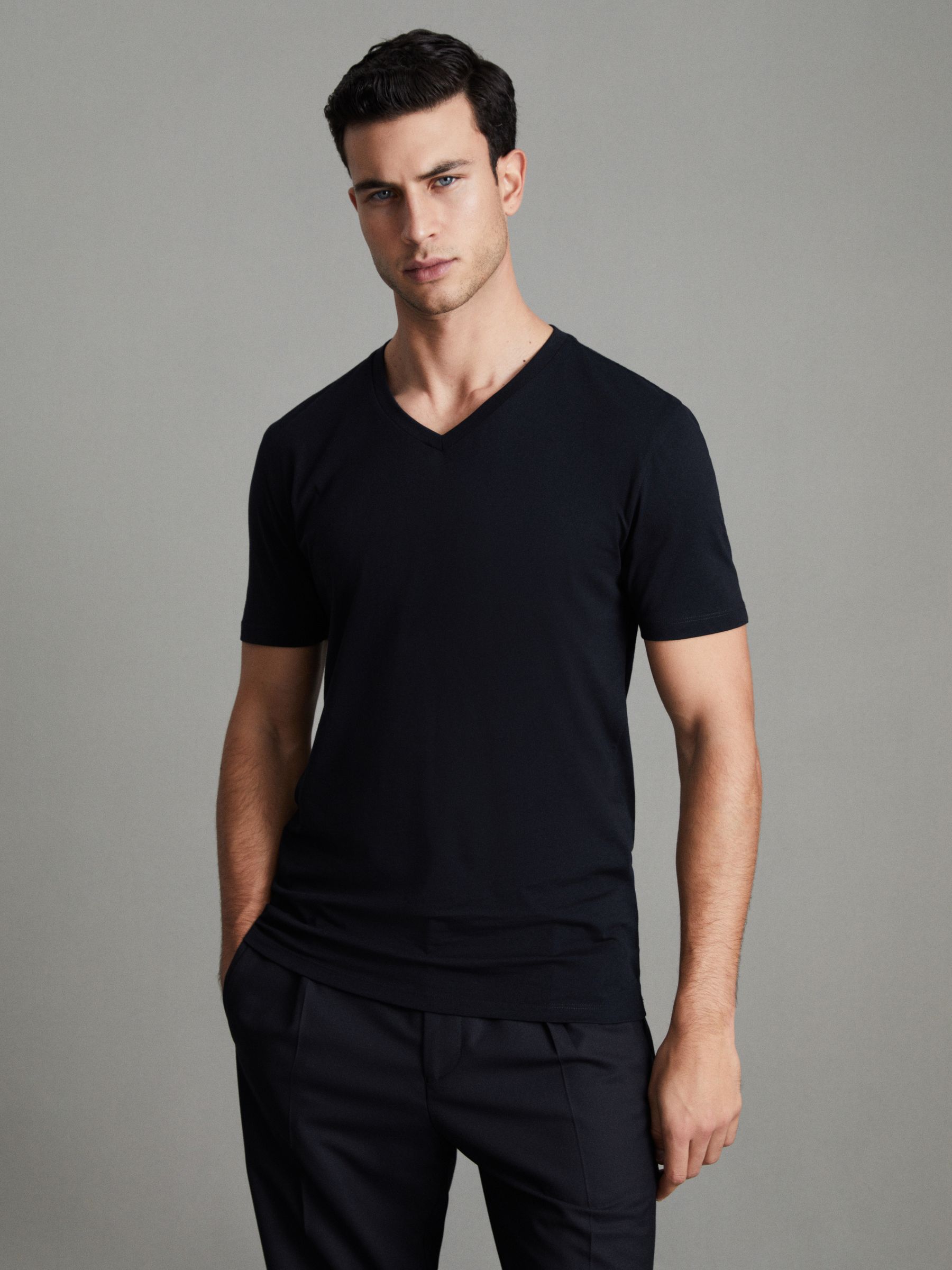 Cotton V-Neck T-Shirt in Navy - Image 1 of 7 Cotton V-Neck T-Shirt in Navy - Image 1 of 7