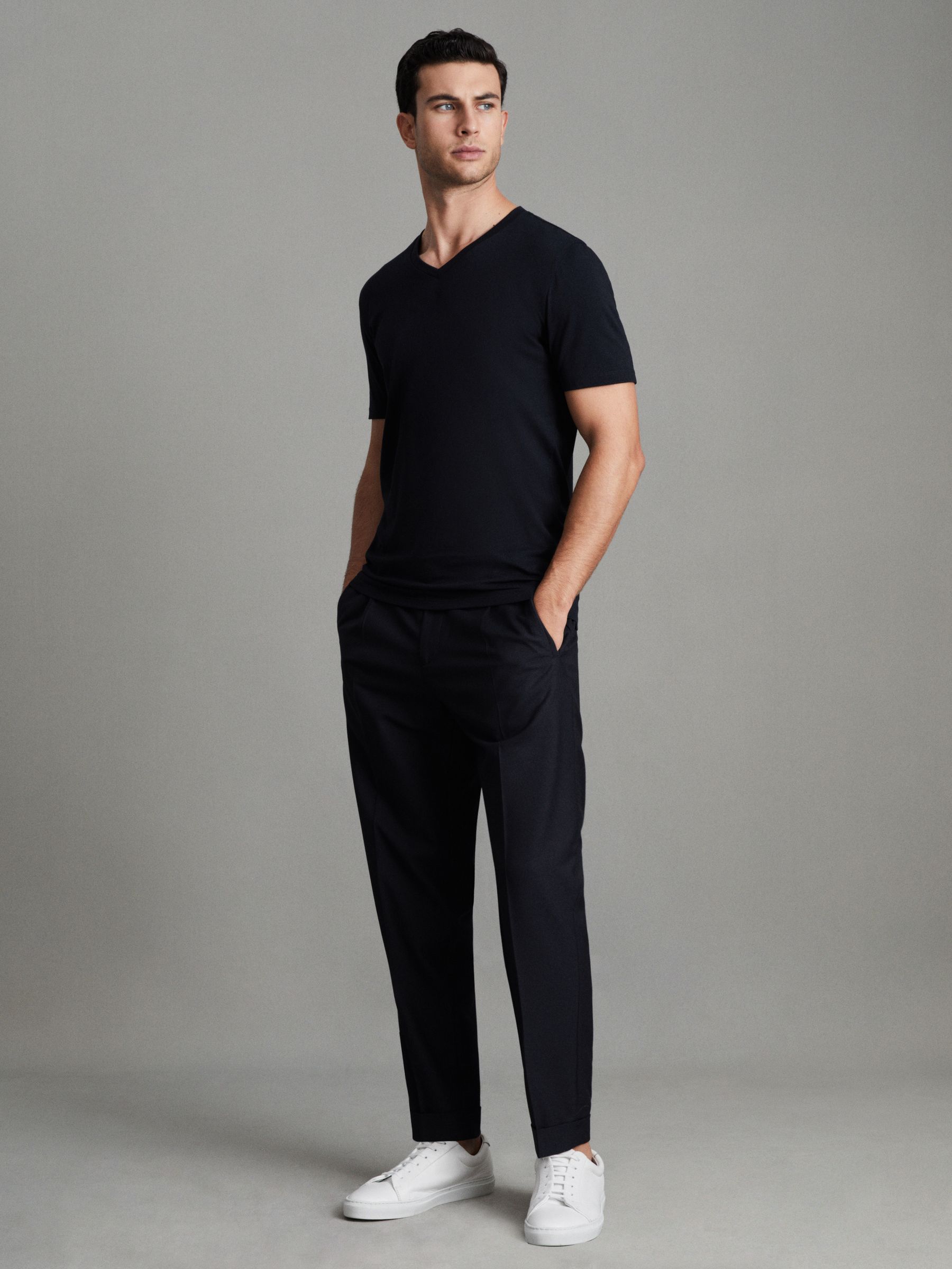 Cotton V-Neck T-Shirt in Navy - Image 3 of 7