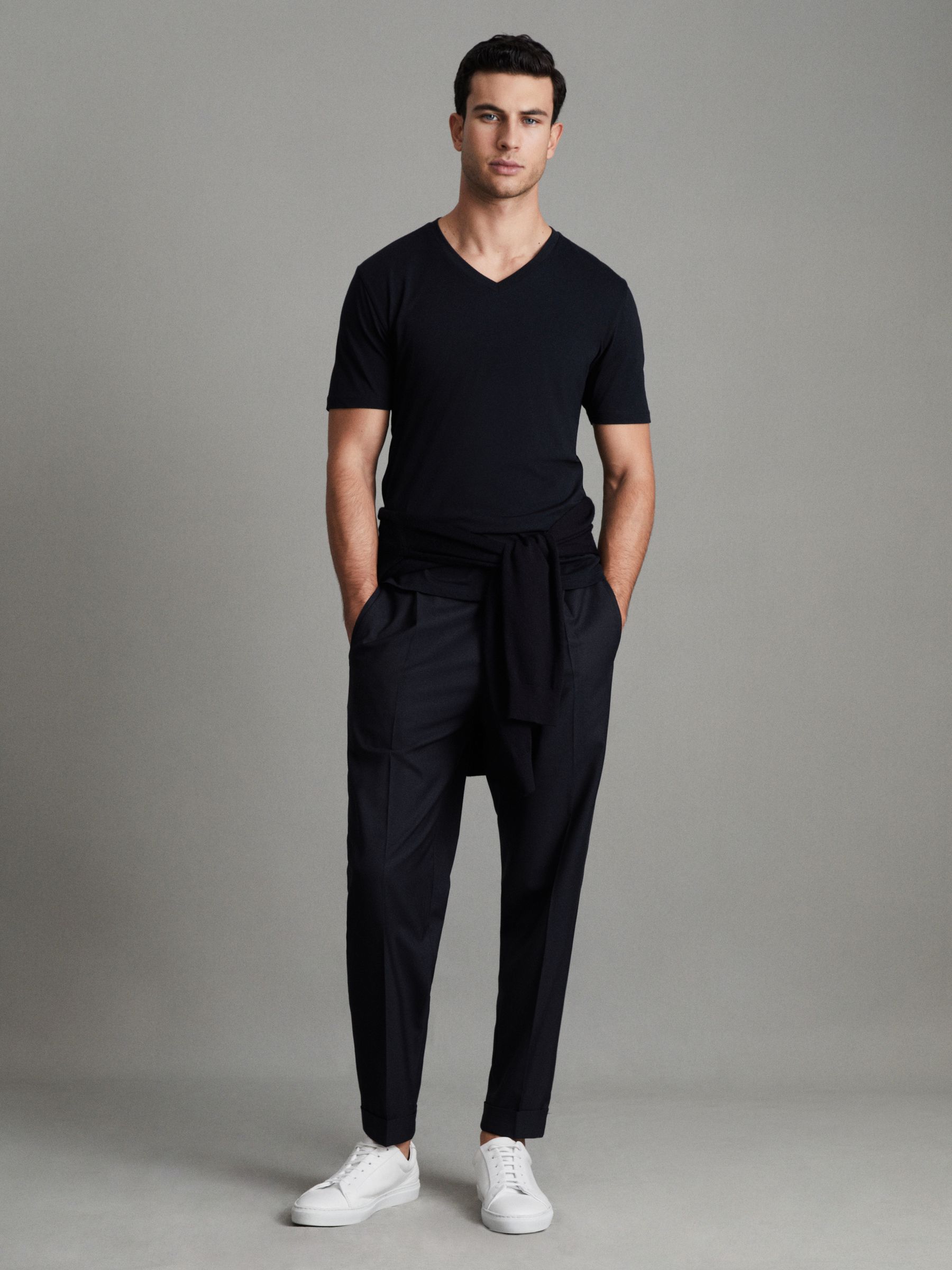 Cotton V-Neck T-Shirt in Navy - Image 7 of 7