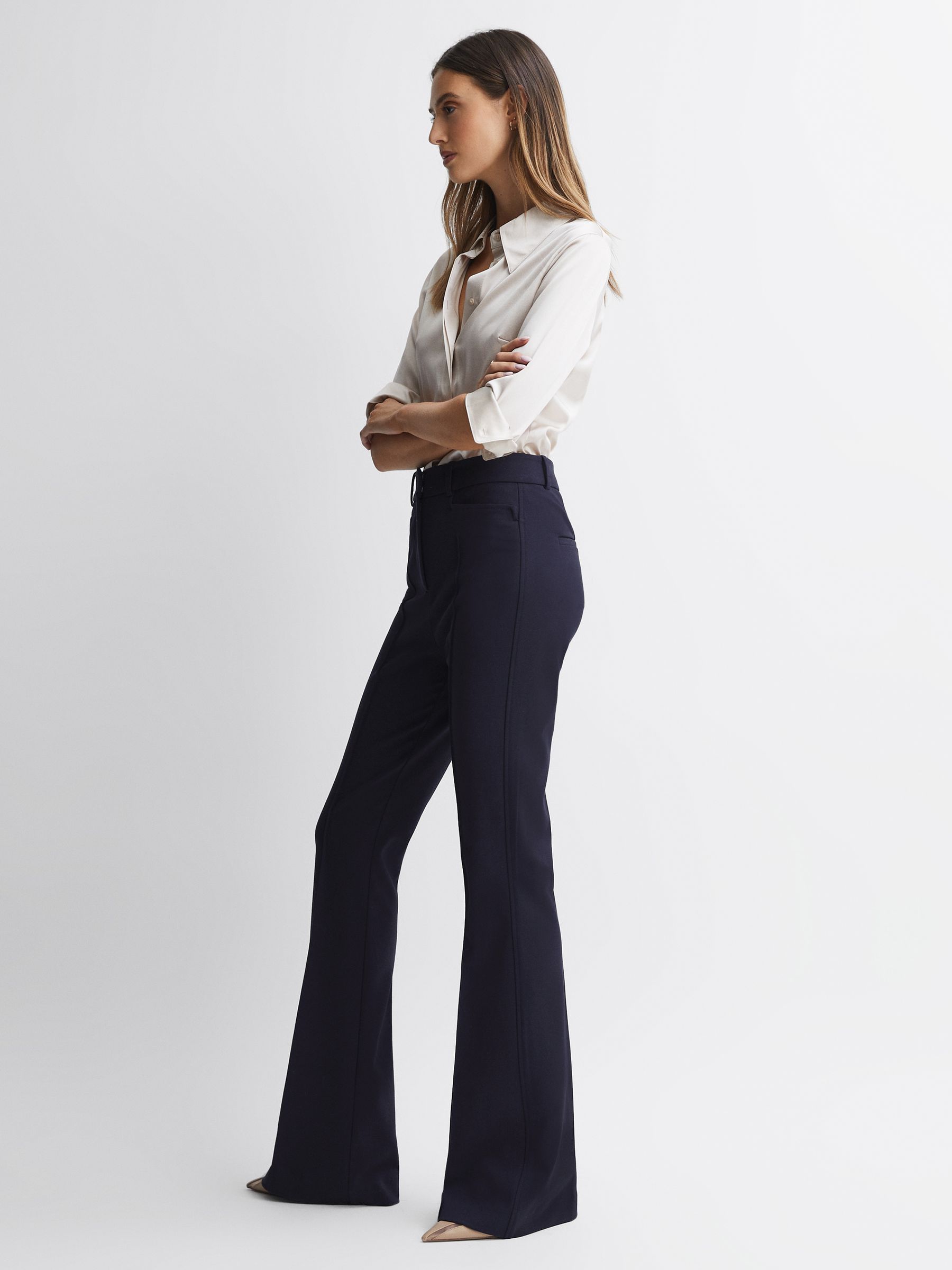 Petite Flared High Rise Trousers in Navy - Image 3 of 12