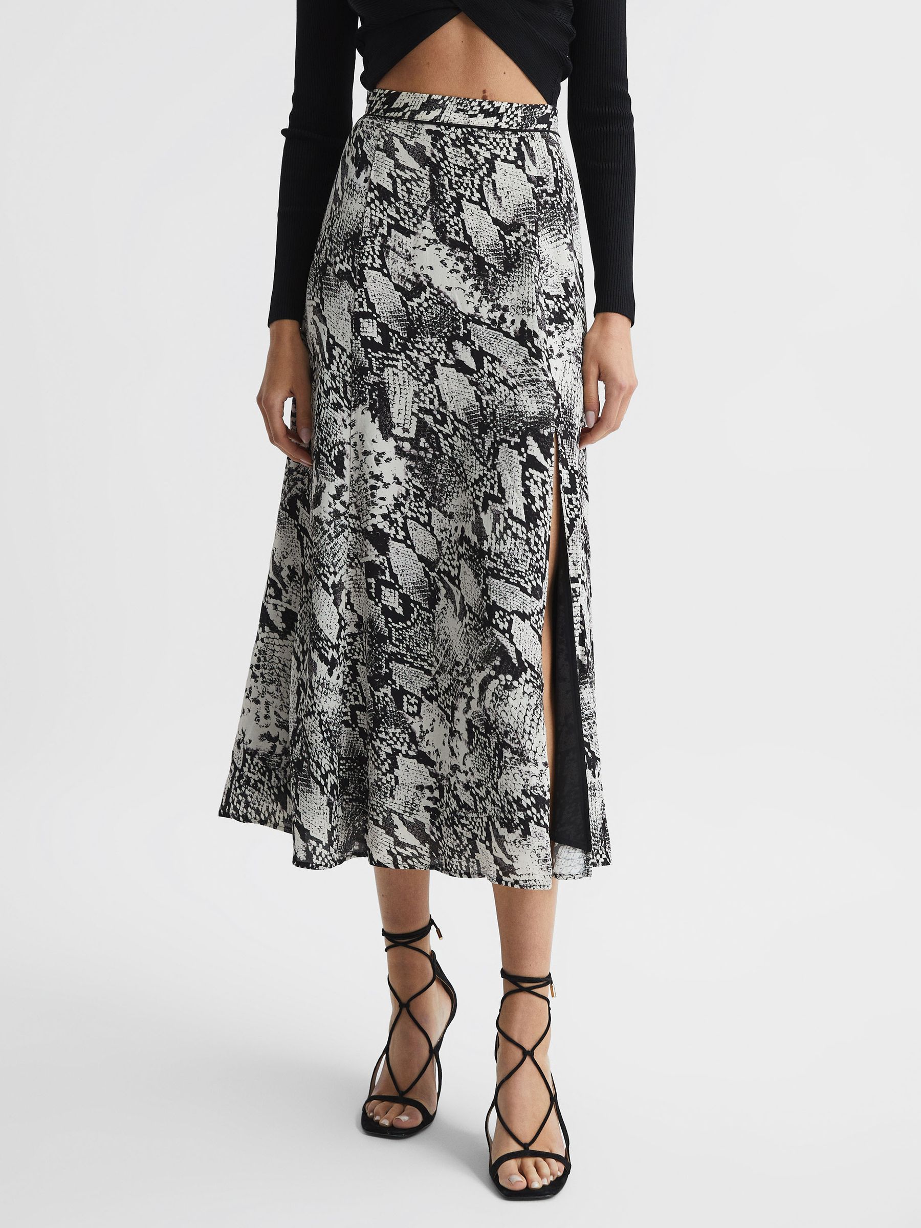 Printed Slip Midi Skirt in Black - Image 4 of 6