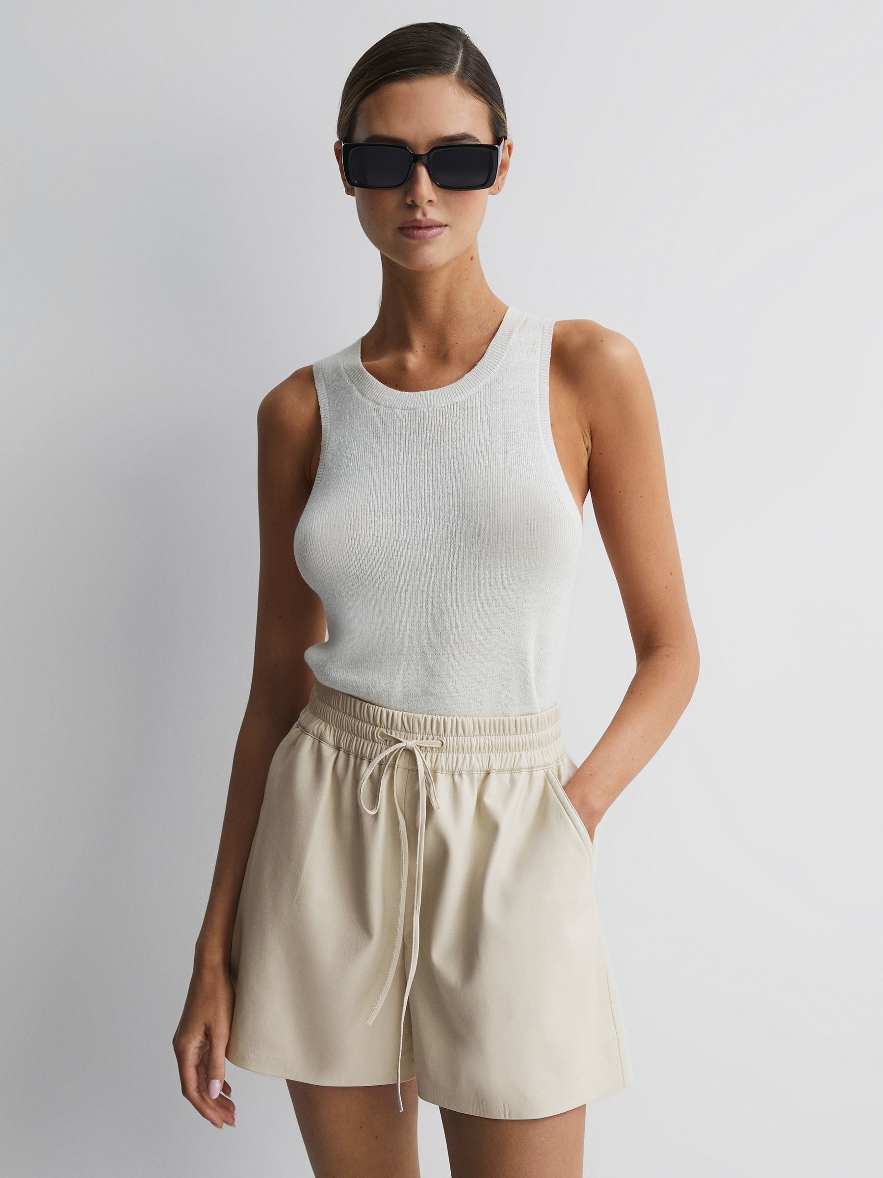 Faux Leather Drawstring Shorts in Off White - Image 1 of 4