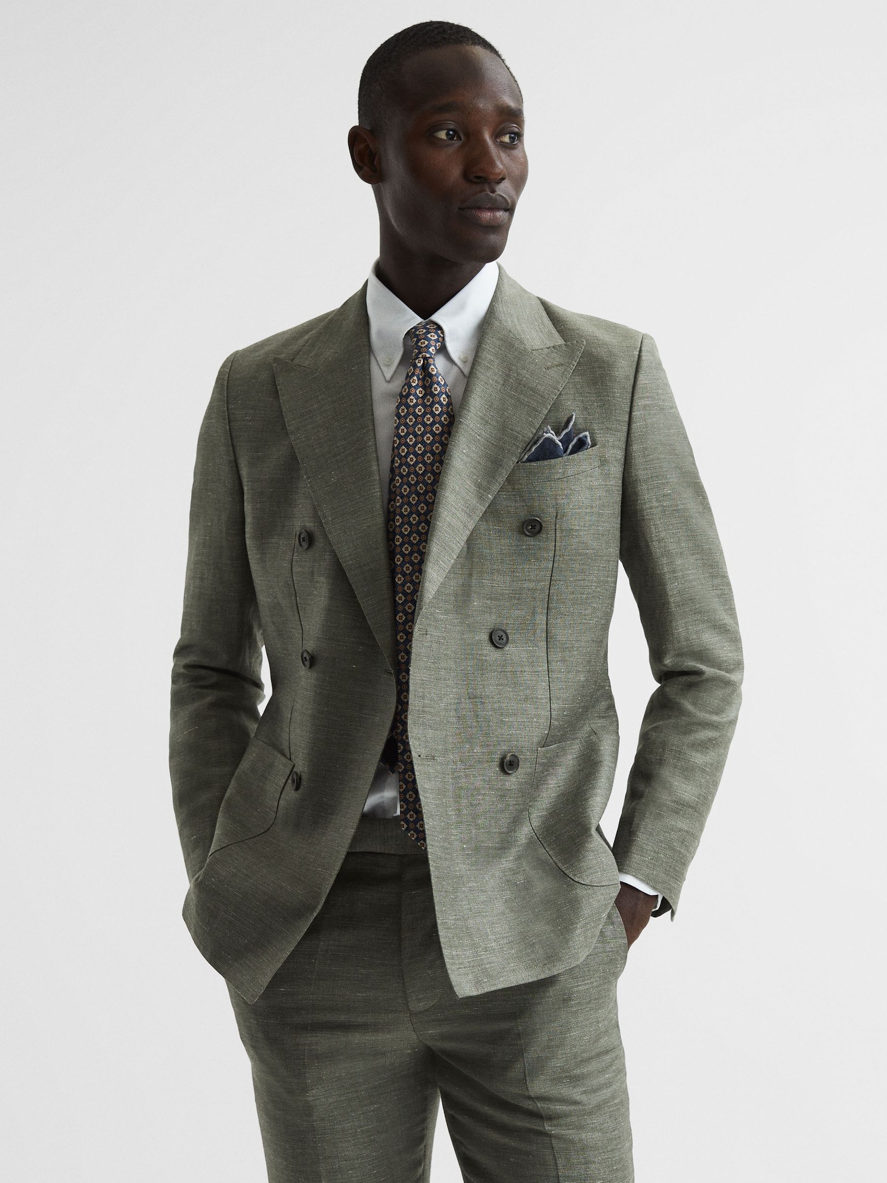 Slim Fit Double Breasted Wool-Linen Blazer in Sage - Image 1 of 9