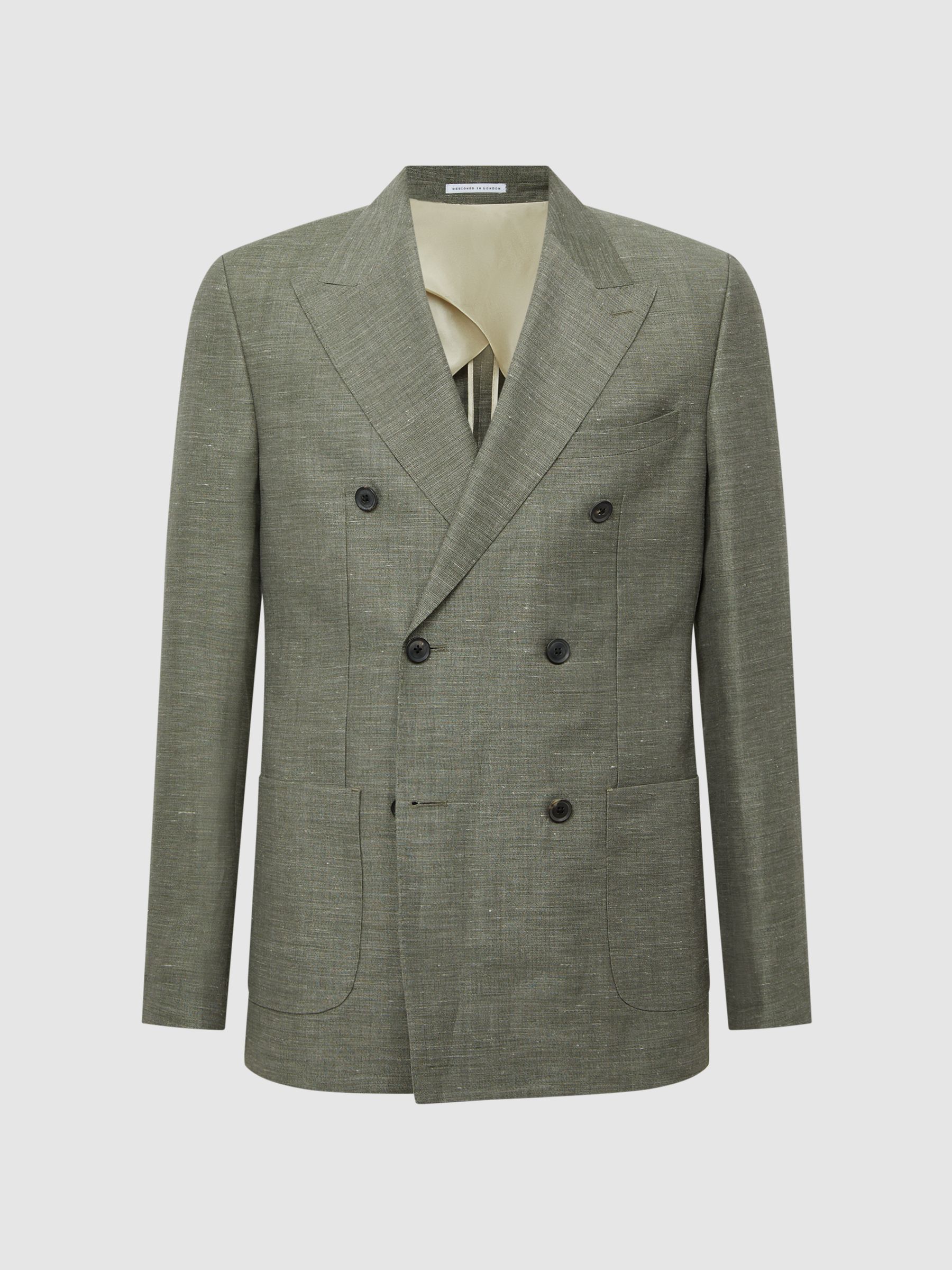 Slim Fit Double Breasted Wool-Linen Blazer in Sage - Image 2 of 9