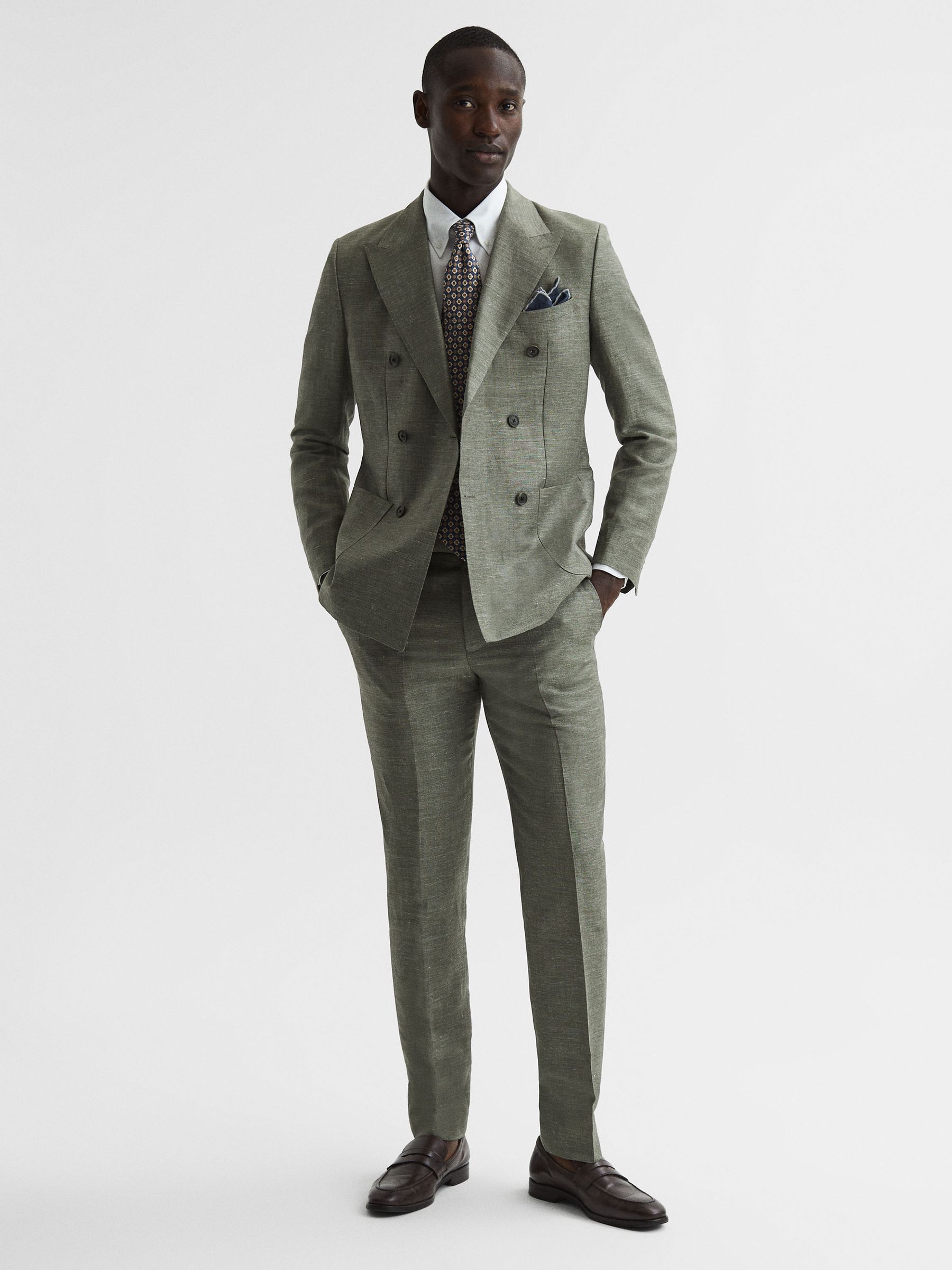 Slim Fit Double Breasted Wool-Linen Blazer in Sage - Image 3 of 9