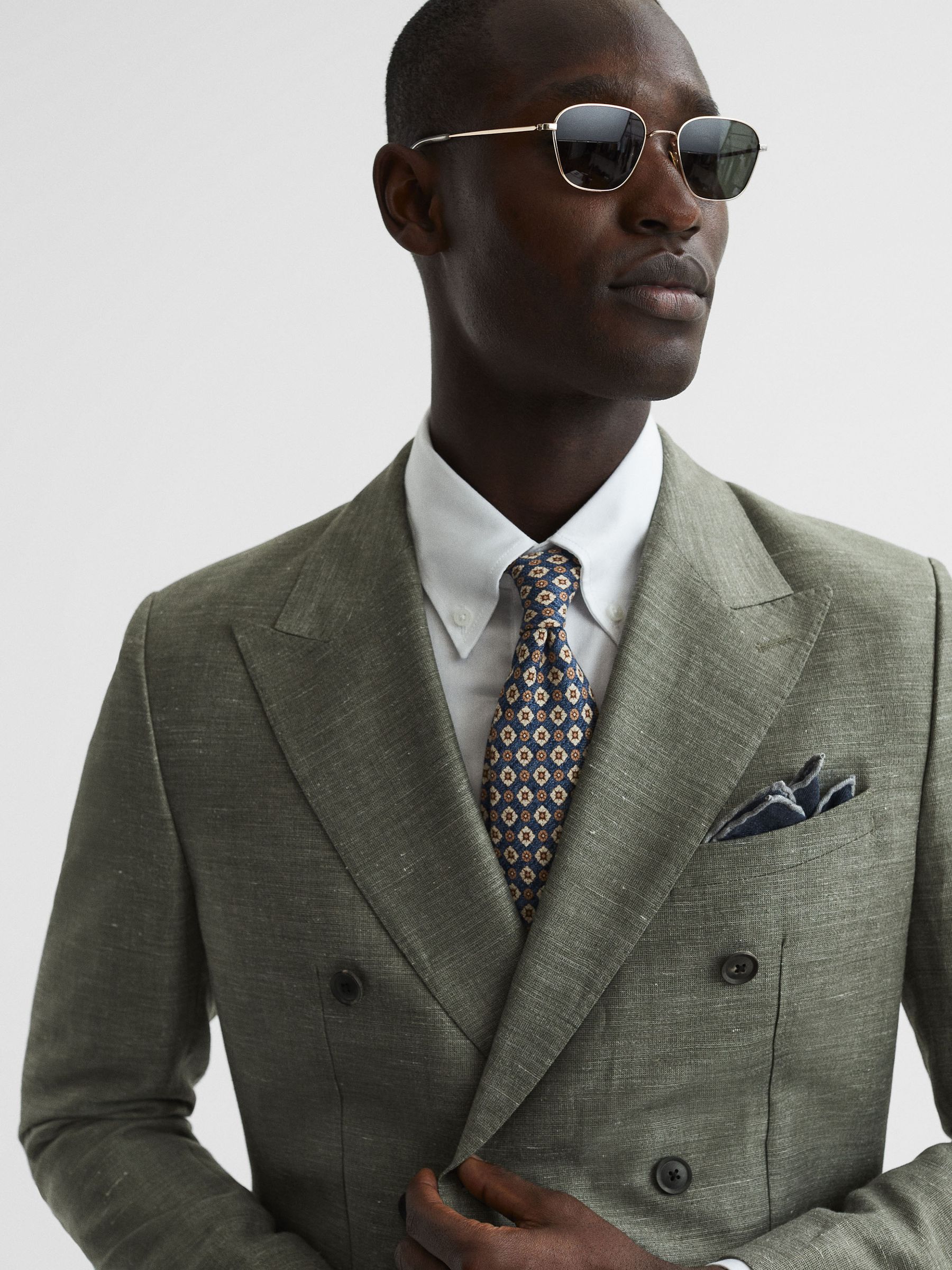 Slim Fit Double Breasted Wool-Linen Blazer in Sage - Image 4 of 9