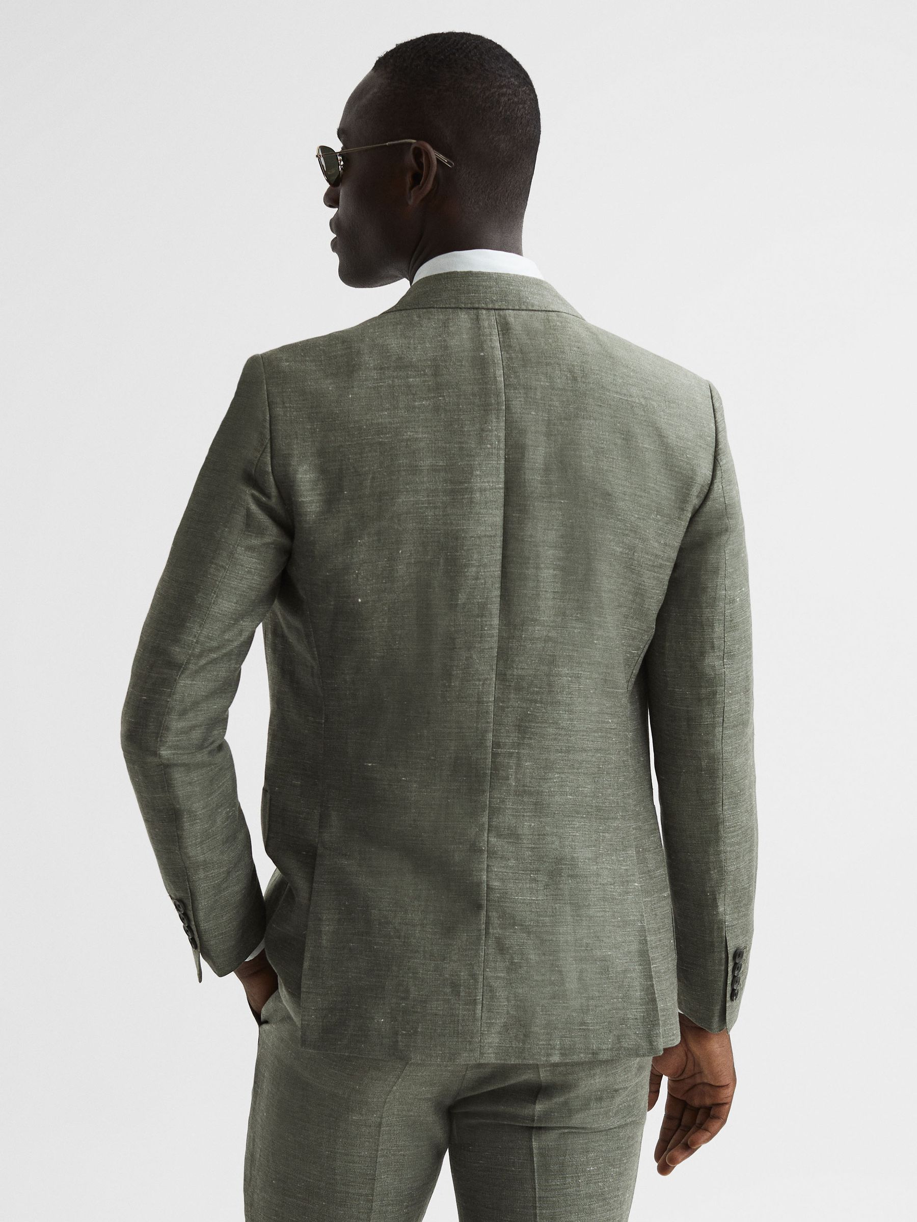Slim Fit Double Breasted Wool-Linen Blazer in Sage - Image 5 of 9