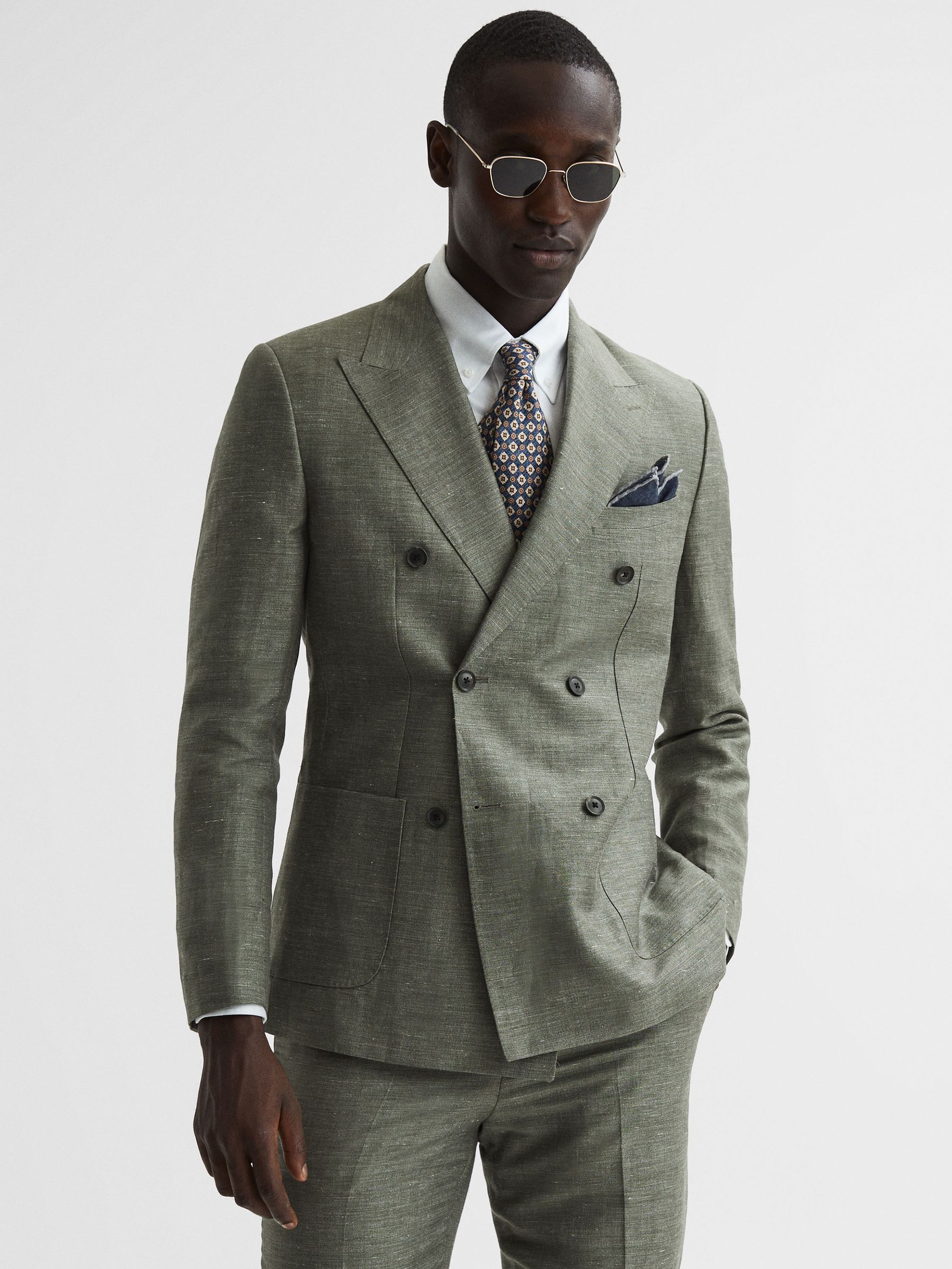 Slim Fit Double Breasted Wool-Linen Blazer in Sage - Image 6 of 9