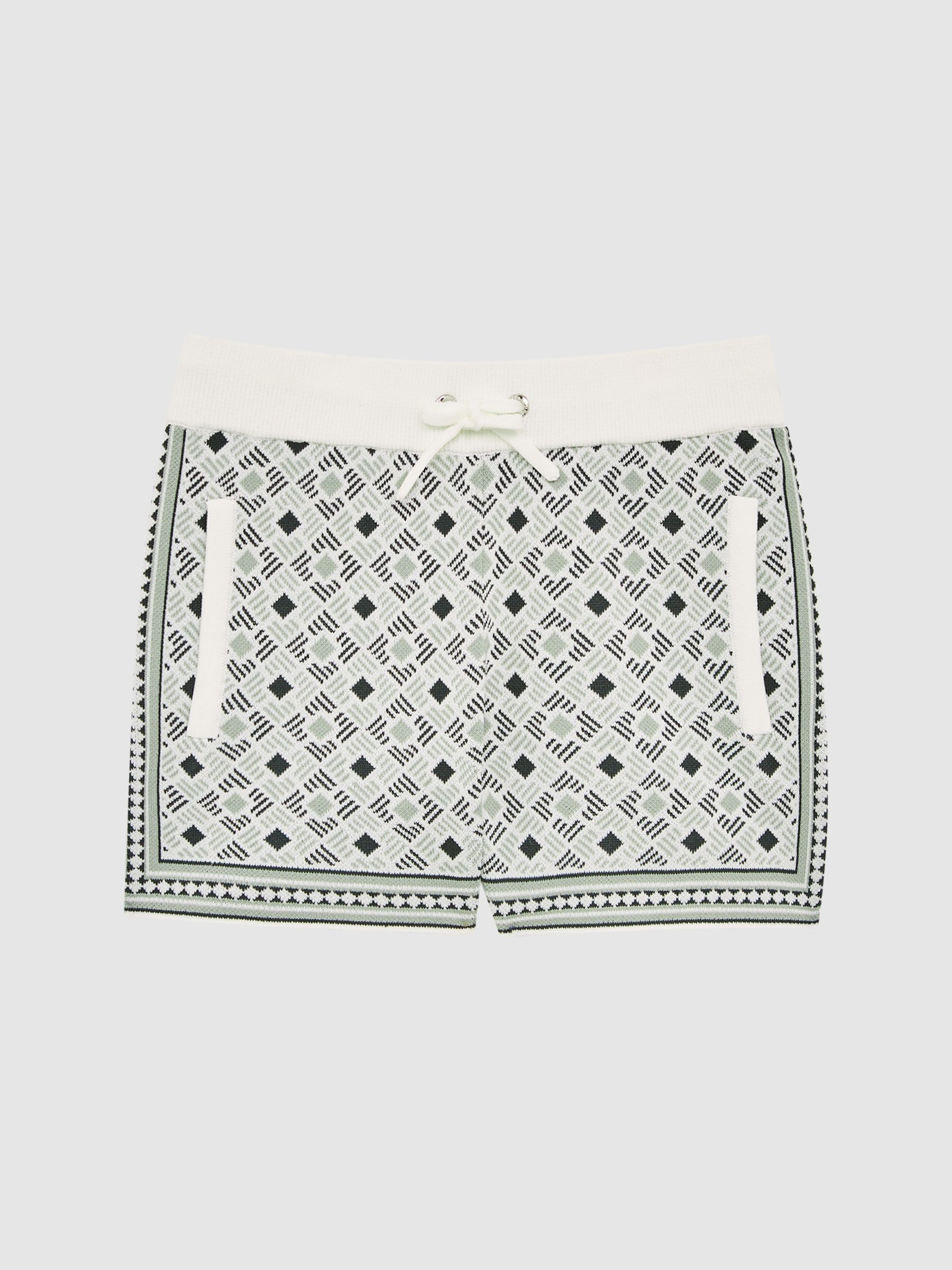 Junior Abstract Printed Drawstring Shorts in Sage - Image 2 of 6 Junior Abstract Printed Drawstring Shorts in Sage - Image 2 of 6