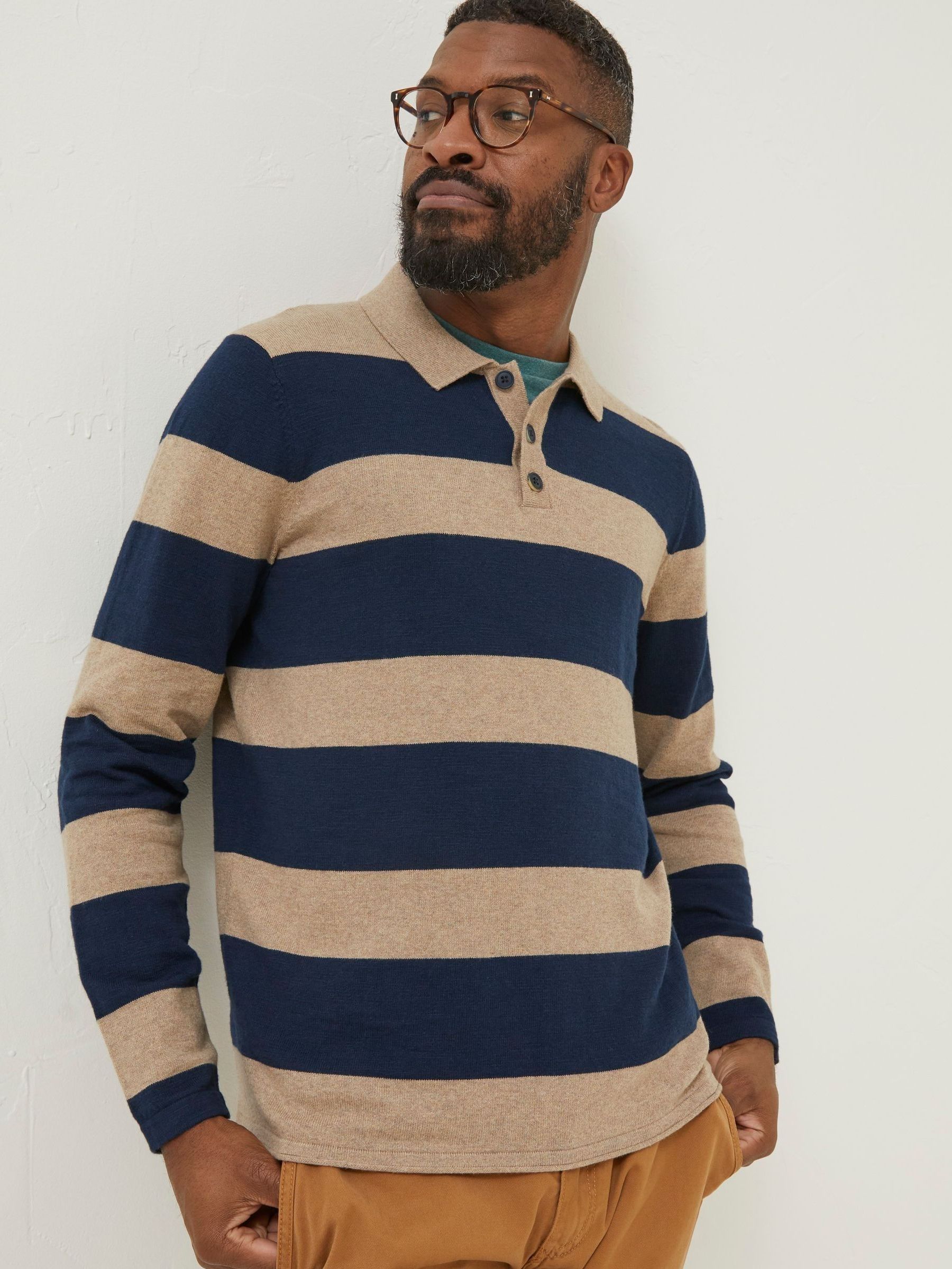 Blue Braunton Knitted Rugby Stripe Polo Shirt - Image 1 of 4 Blue Braunton Knitted Rugby Stripe Polo Shirt - Image 1 of 4