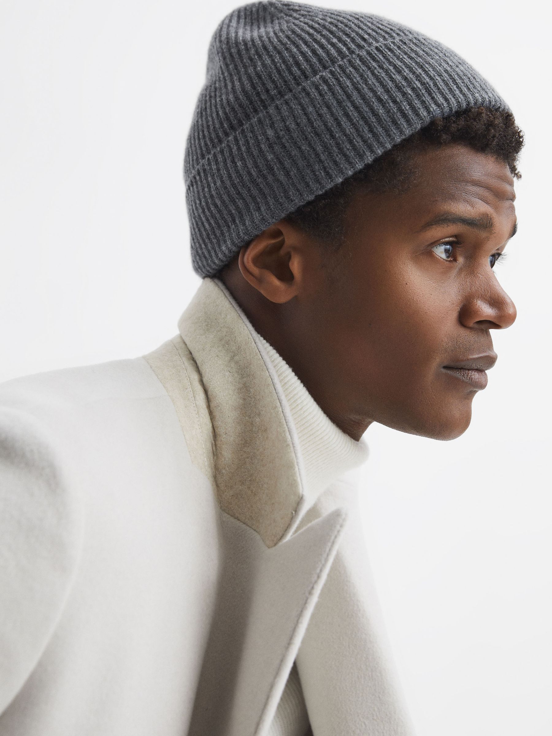 Merino Wool Ribbed Beanie Hat in Charcoal - Image 2 of 4