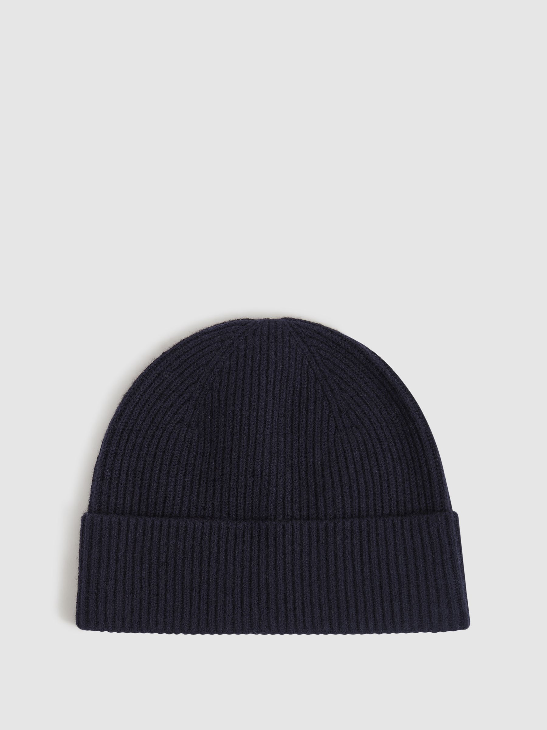 Merino Wool Ribbed Beanie Hat in Navy - Image 1 of 4