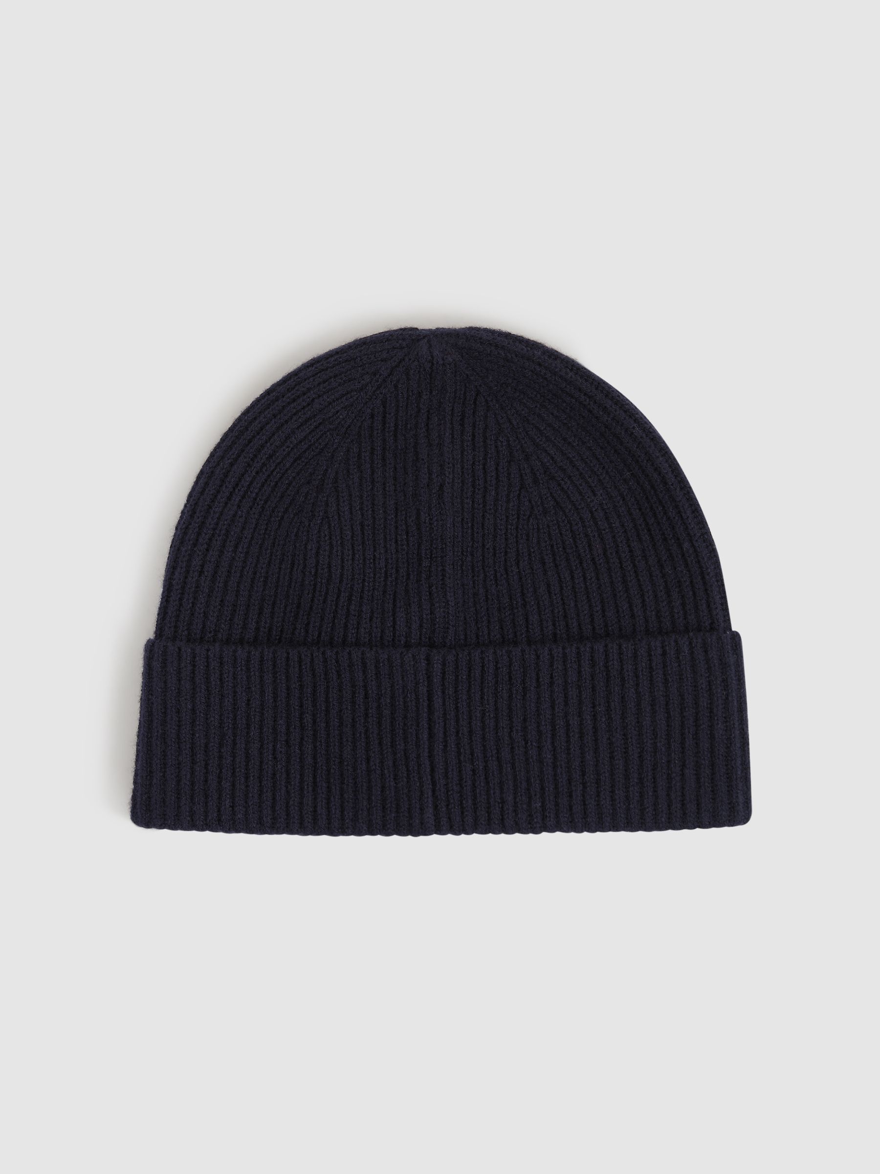Merino Wool Ribbed Beanie Hat in Navy - Image 3 of 4