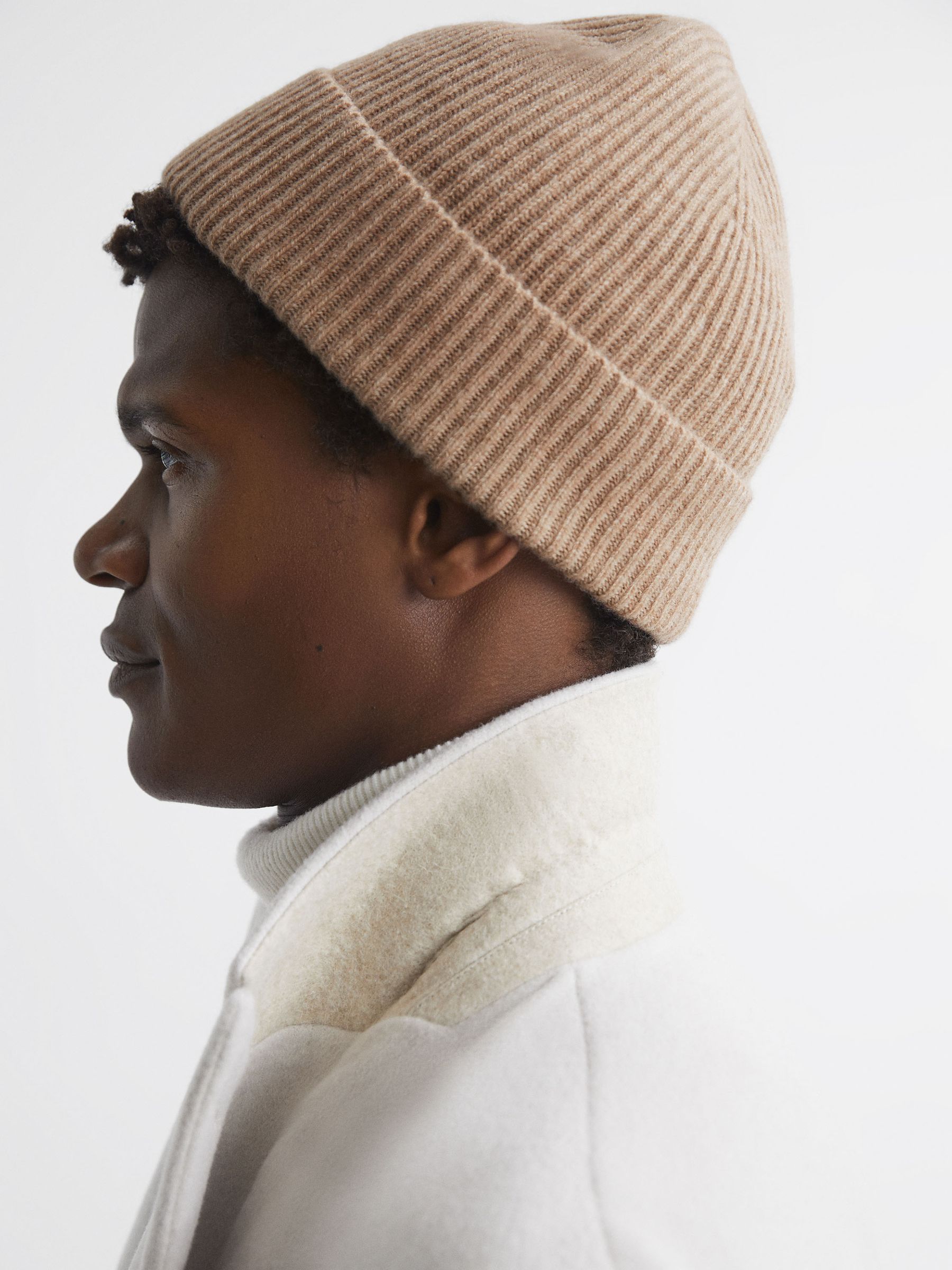 Merino Wool Ribbed Beanie Hat in Camel - Image 3 of 5