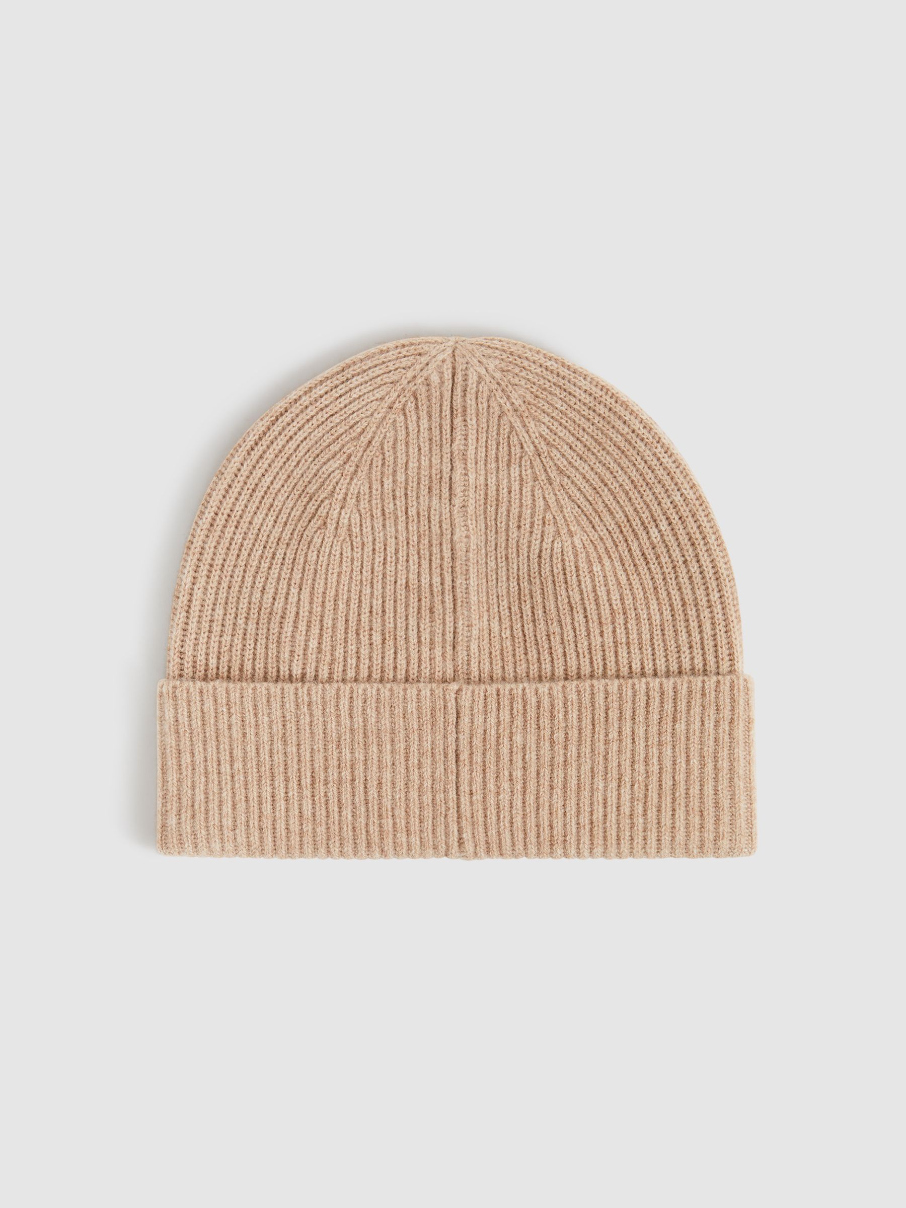 Merino Wool Ribbed Beanie Hat in Camel - Image 4 of 5