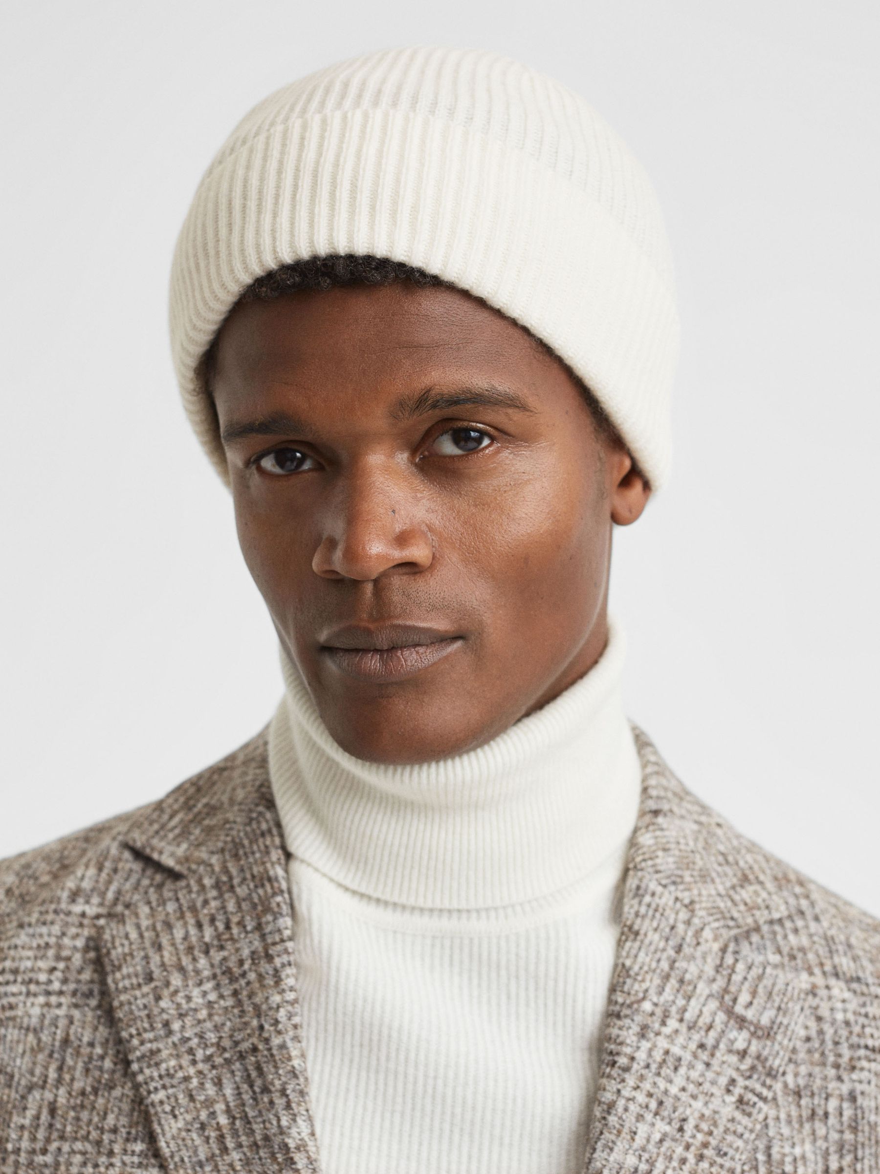 Merino Wool Ribbed Beanie Hat in Ecru - Image 2 of 4
