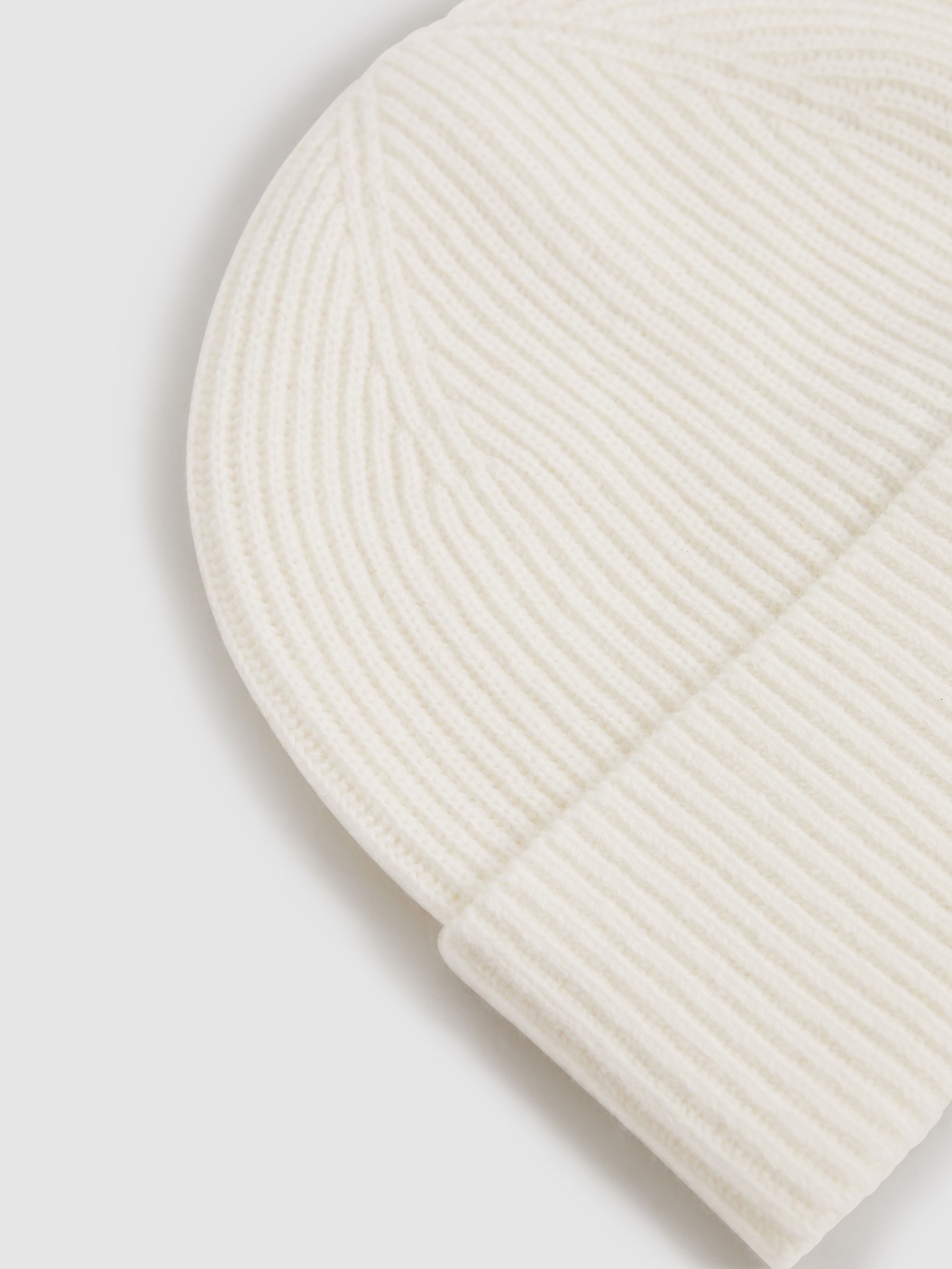 Merino Wool Ribbed Beanie Hat in Ecru - Image 4 of 4