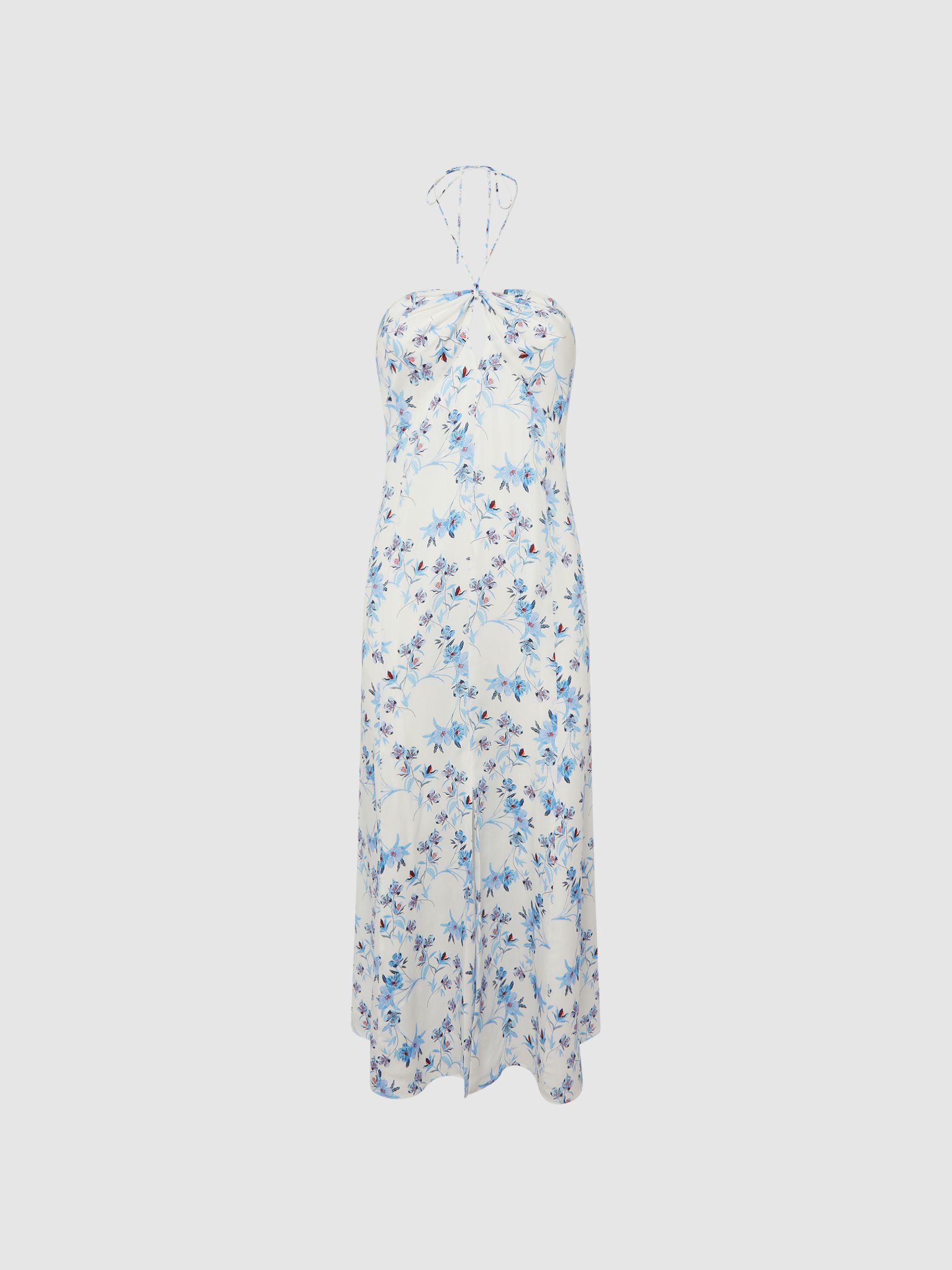Floral Print Halter Neck Midi Dress in White - Image 2 of 5