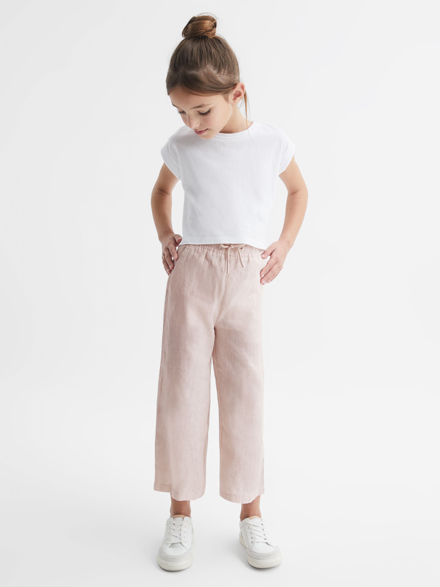 4-9 yrs 100% Linen Drawstring Trousers in Soft Pink - Image 3 of 6