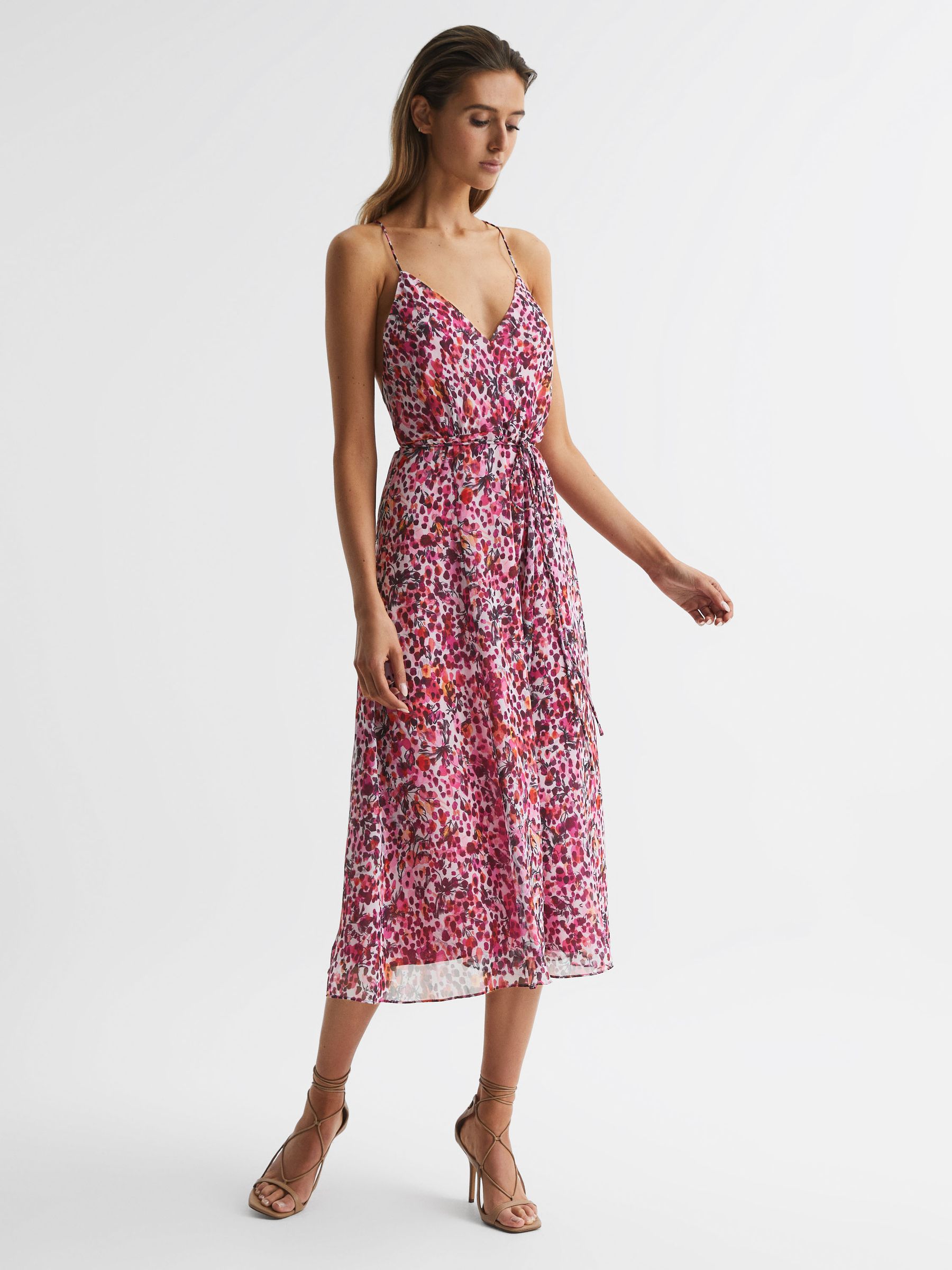 Reiss Petite Floral Printed Midi Dress in Pink REISS
