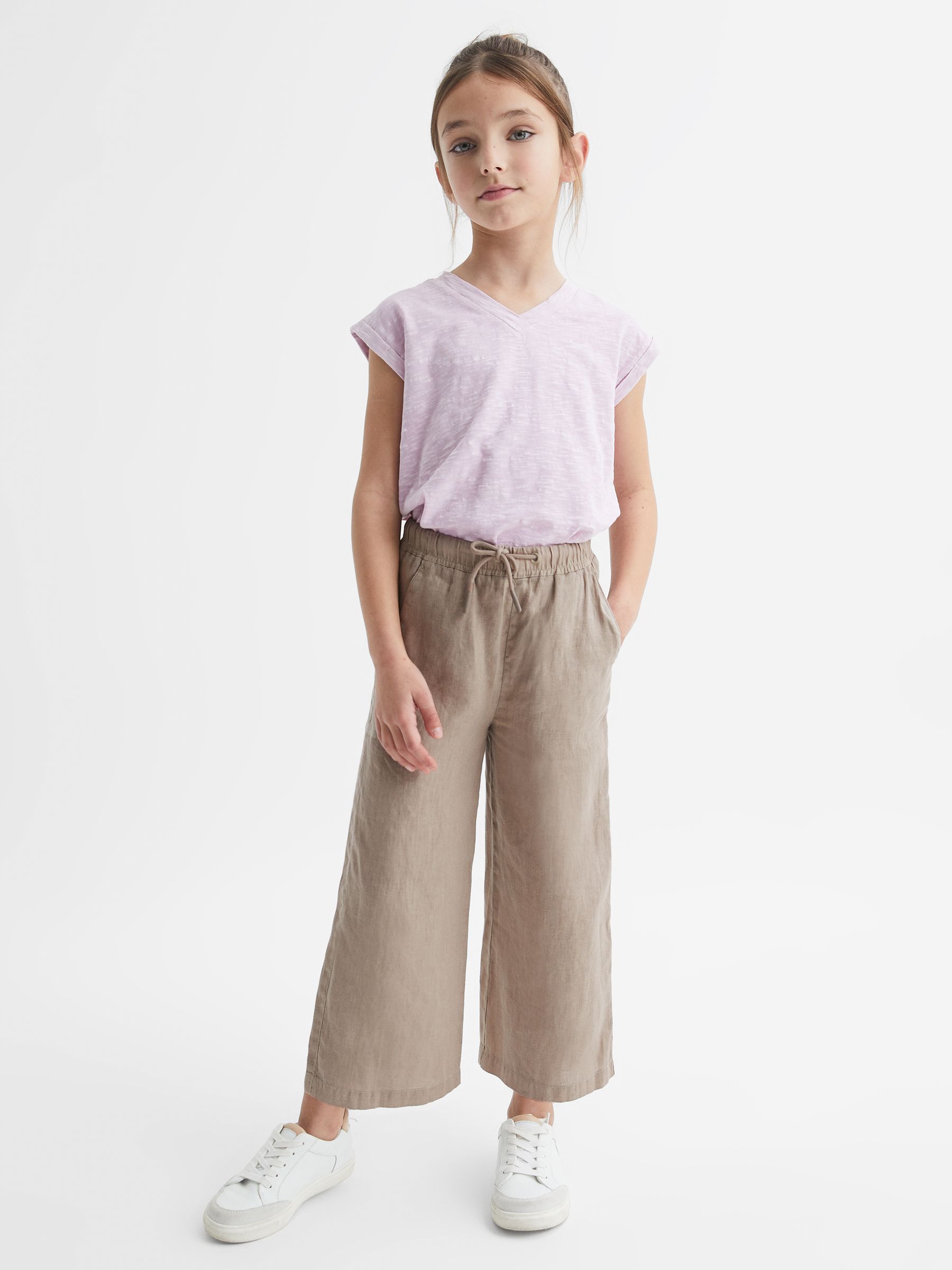 9-12 yrs Linen Drawstring Trousers in Mink - Image 3 of 6
