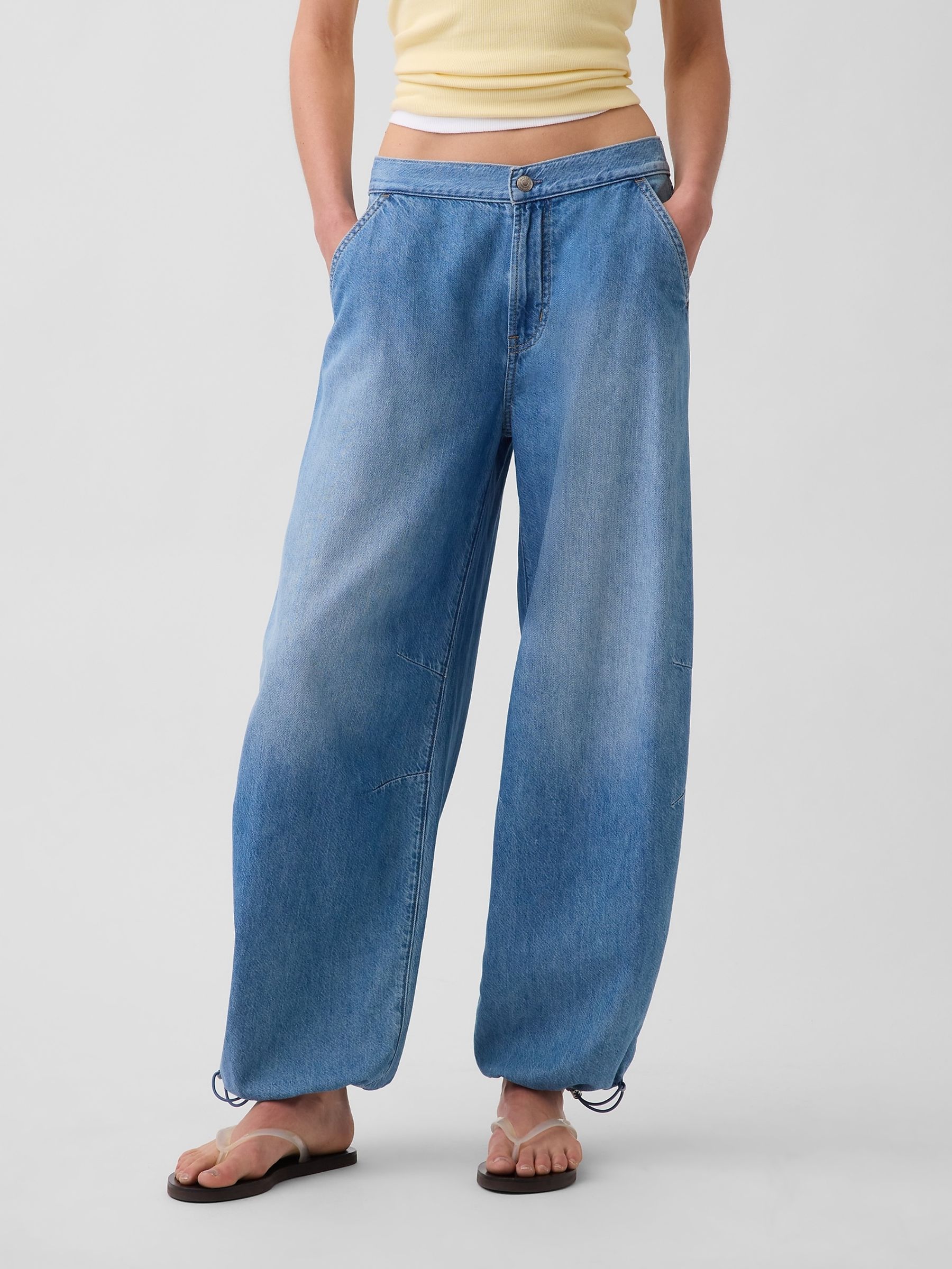 Medium Wash Mid Rise UltraSoft Pull On Cuffed Barrel Jeans - Image 1 of 4