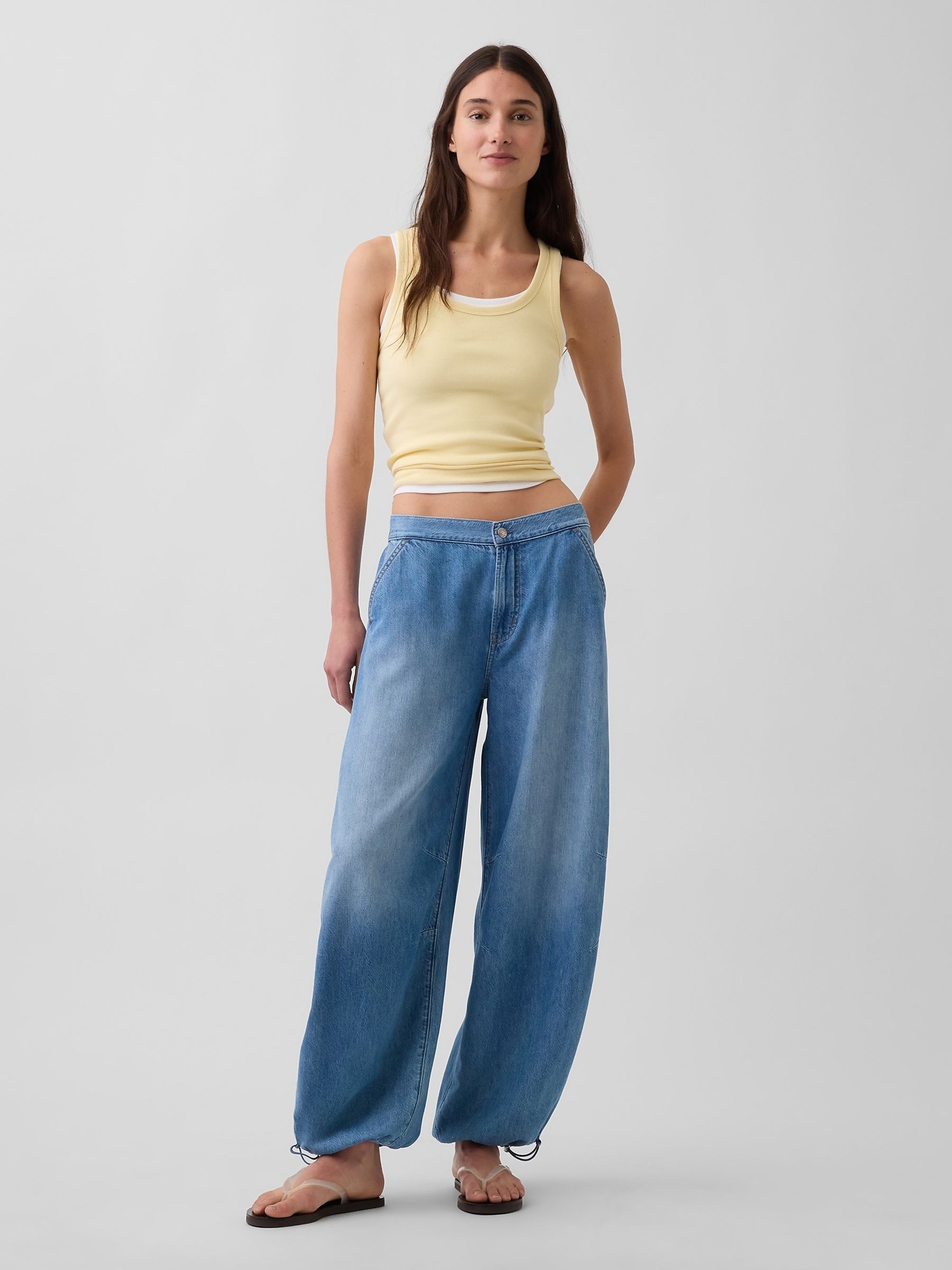 Medium Wash Mid Rise UltraSoft Pull On Cuffed Barrel Jeans - Image 4 of 4