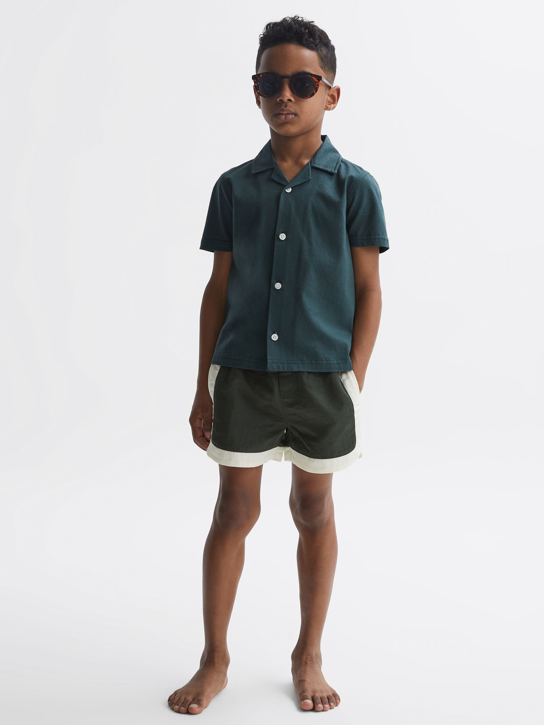 Senior Drawstring Contrast Swim Shorts in Bottle Green/Ecru - Image 3 of 6