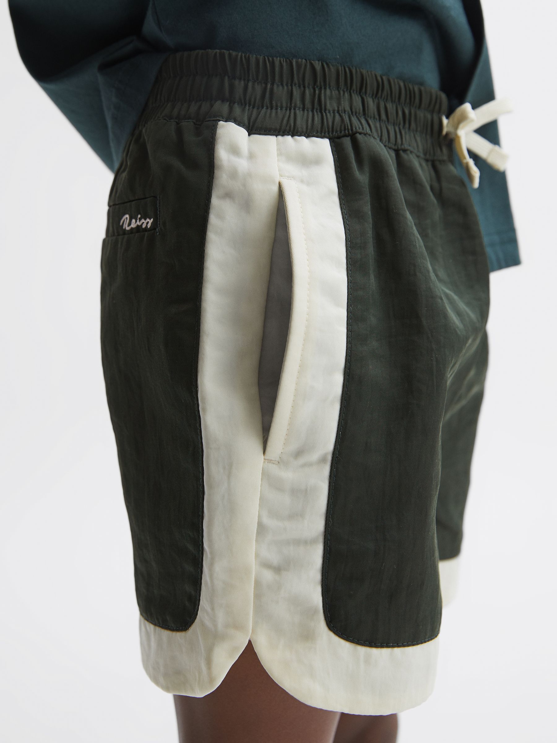 Senior Drawstring Contrast Swim Shorts in Bottle Green/Ecru - Image 4 of 6