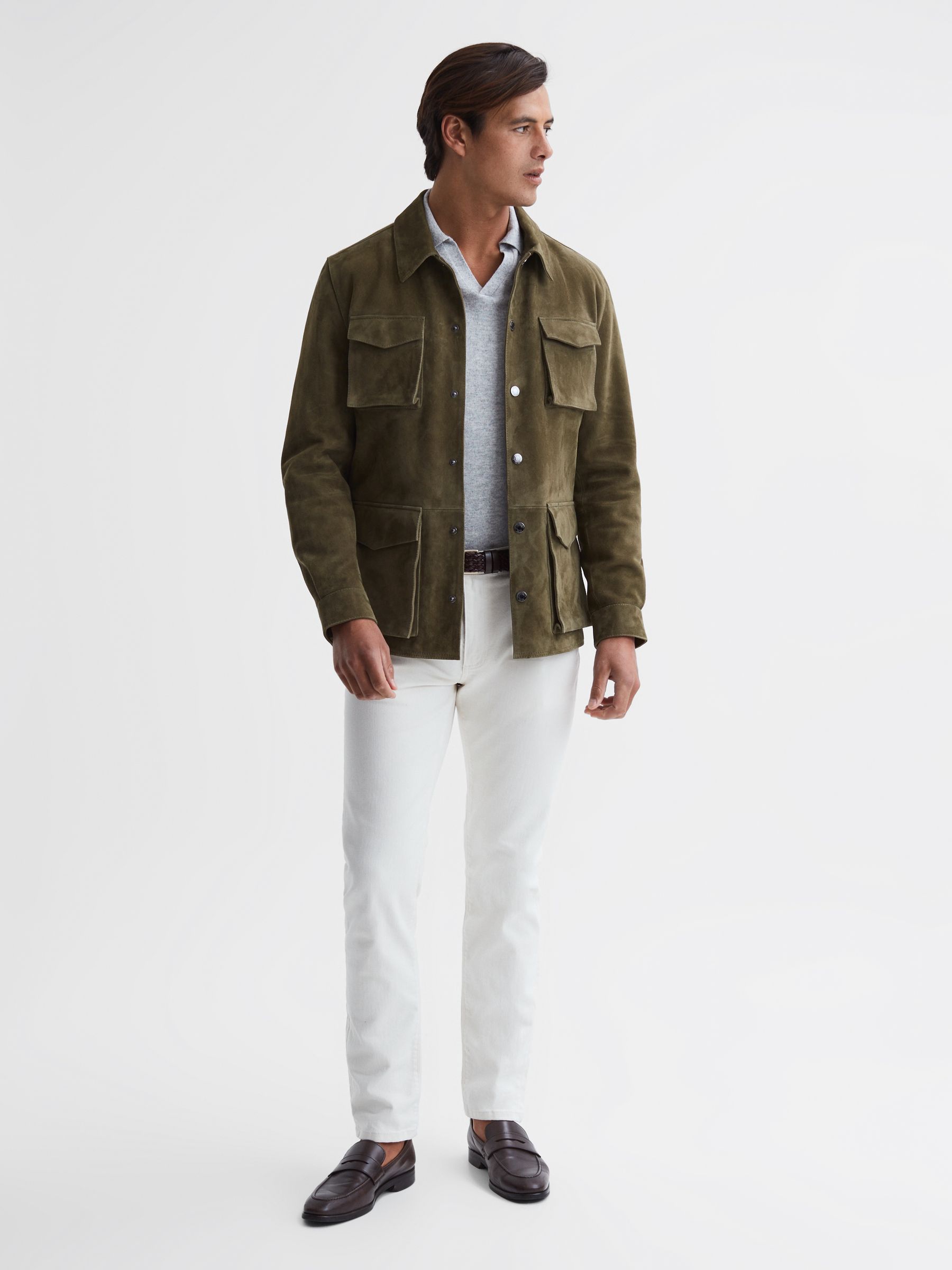 Suede Long Sleeve Four Pocket Jacket in Sage - Image 4 of 6