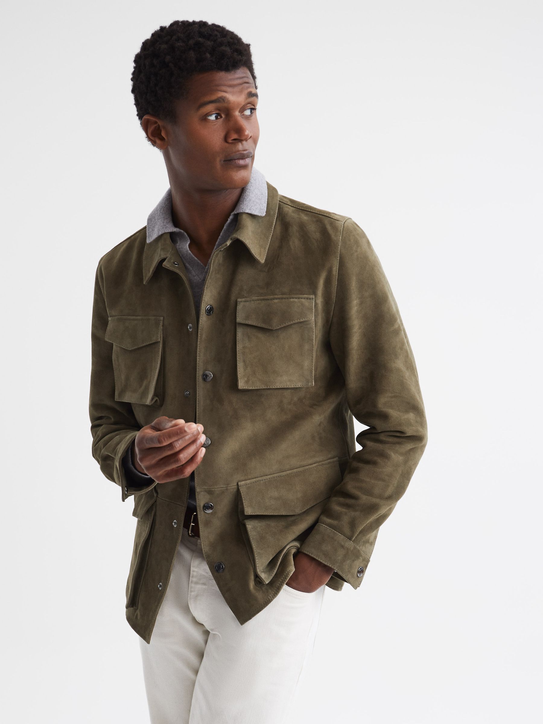Suede Long Sleeve Four Pocket Jacket in Sage - Image 6 of 6