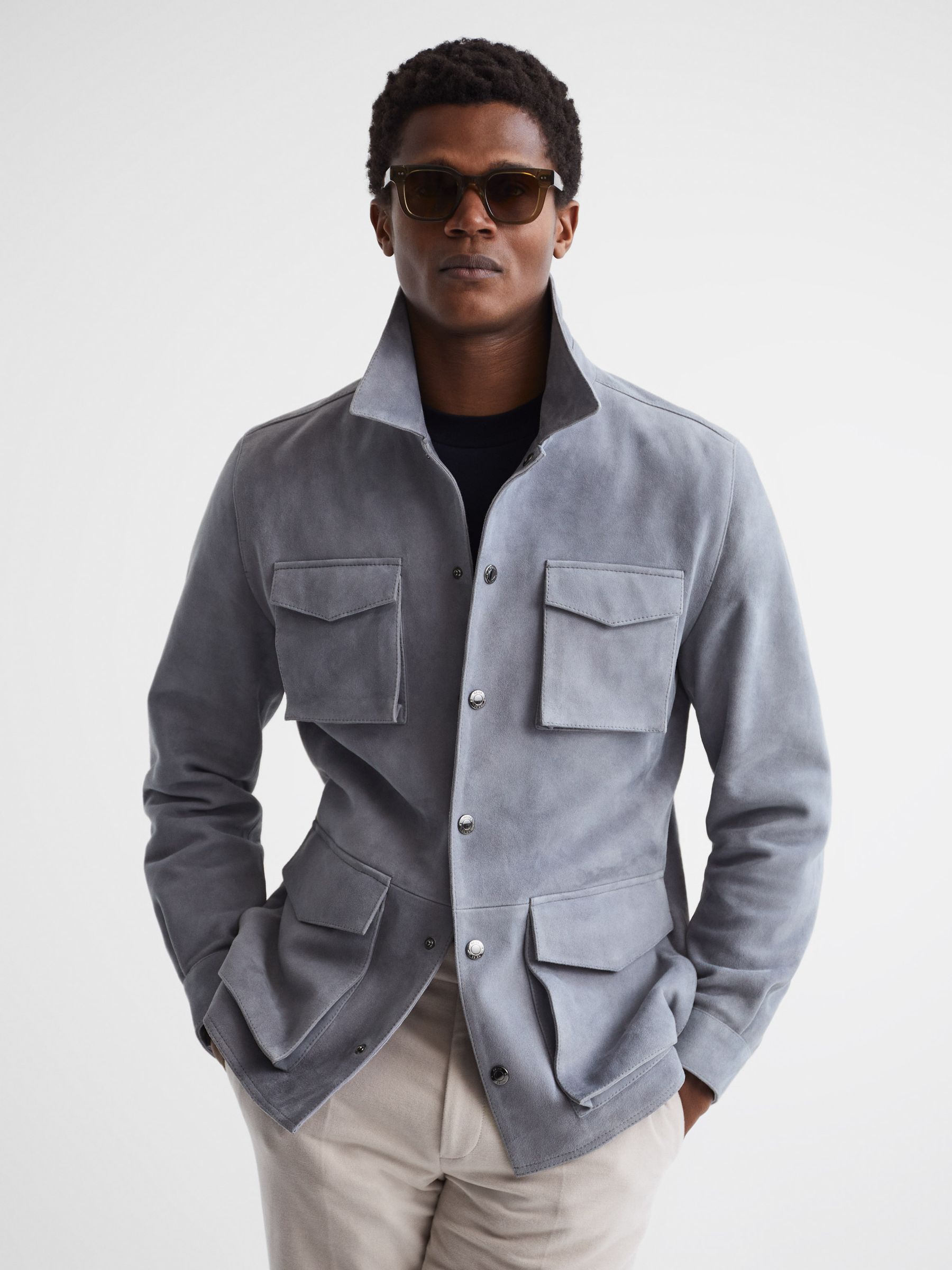 Suede Long Sleeve Four Pocket Jacket in Steel Blue - Image 1 of 5