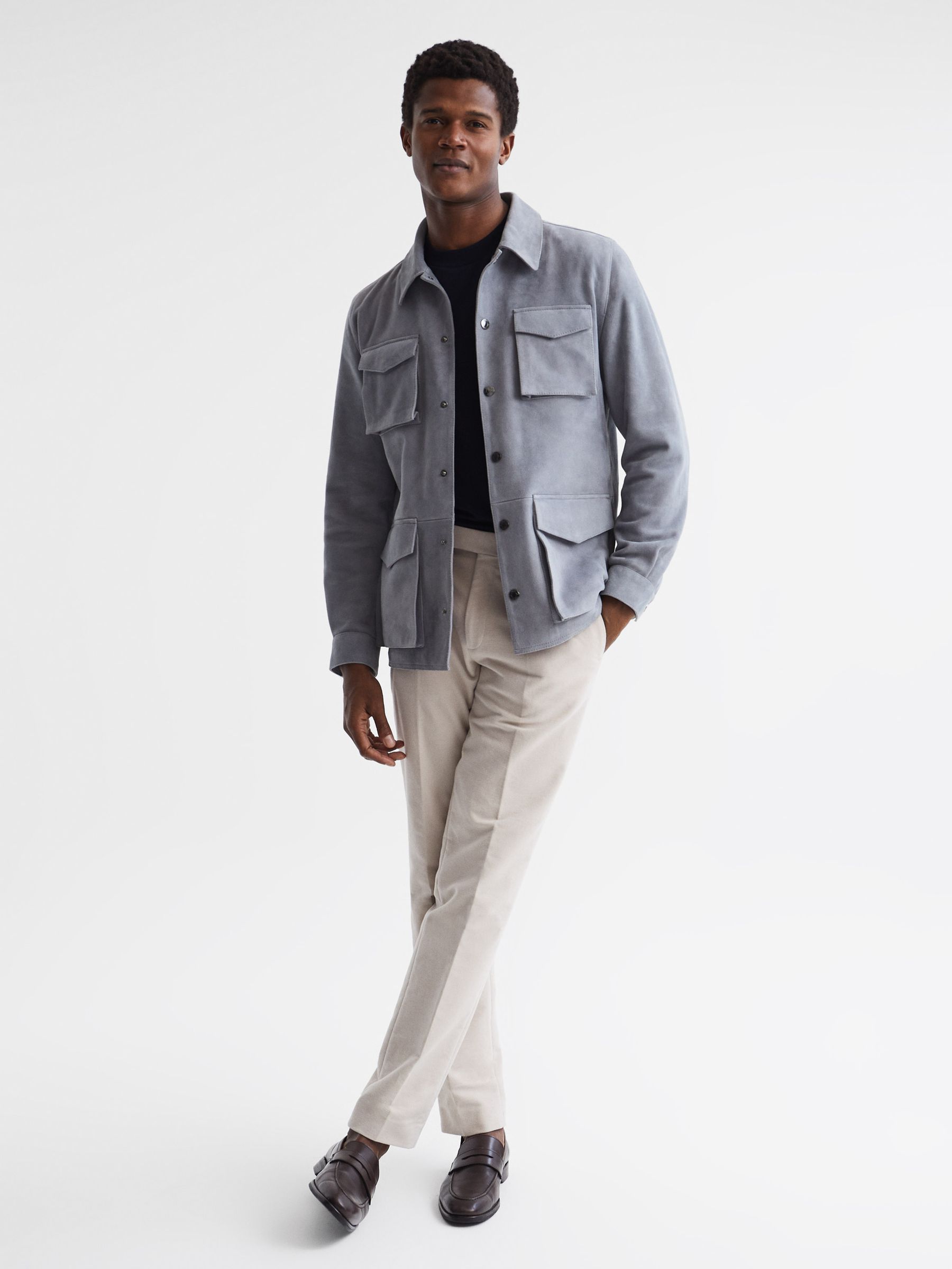 Suede Long Sleeve Four Pocket Jacket in Steel Blue - Image 3 of 5