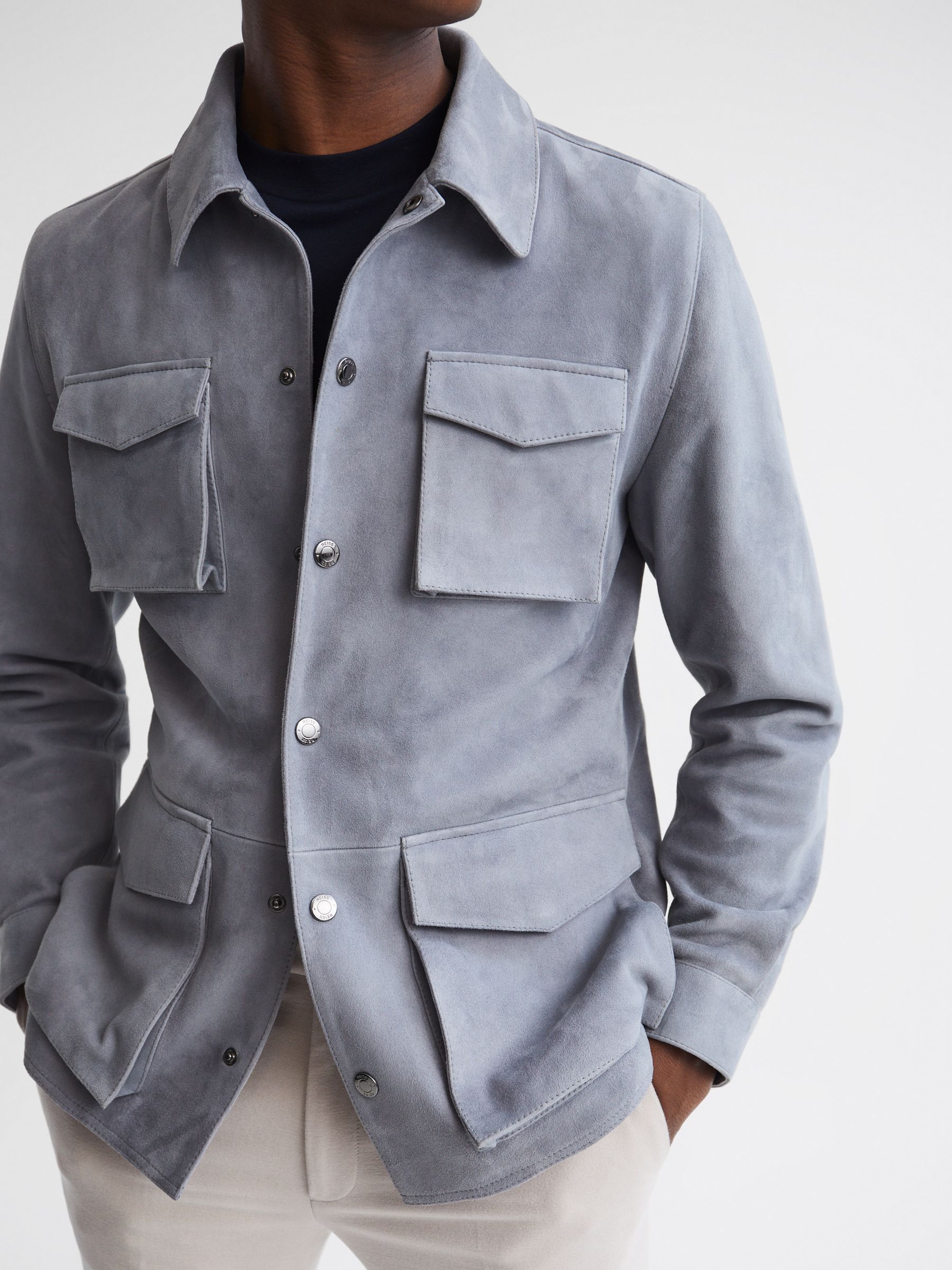 Suede Long Sleeve Four Pocket Jacket in Steel Blue - Image 4 of 5