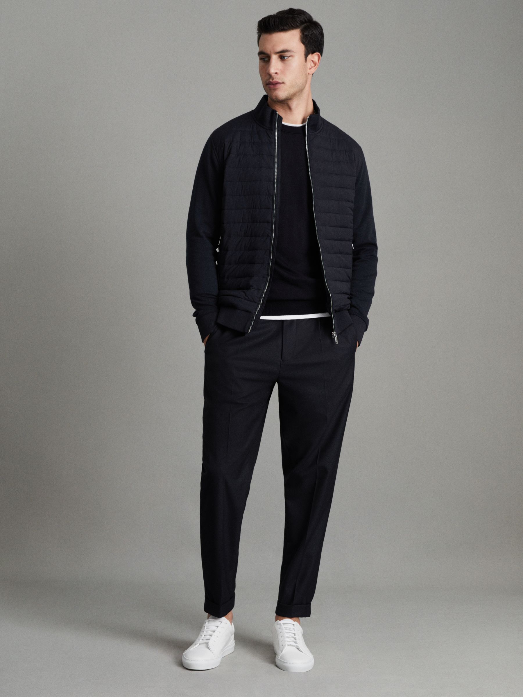 Hybrid Quilt and Knit Zip-Through Jacket in Navy - Image 3 of 8