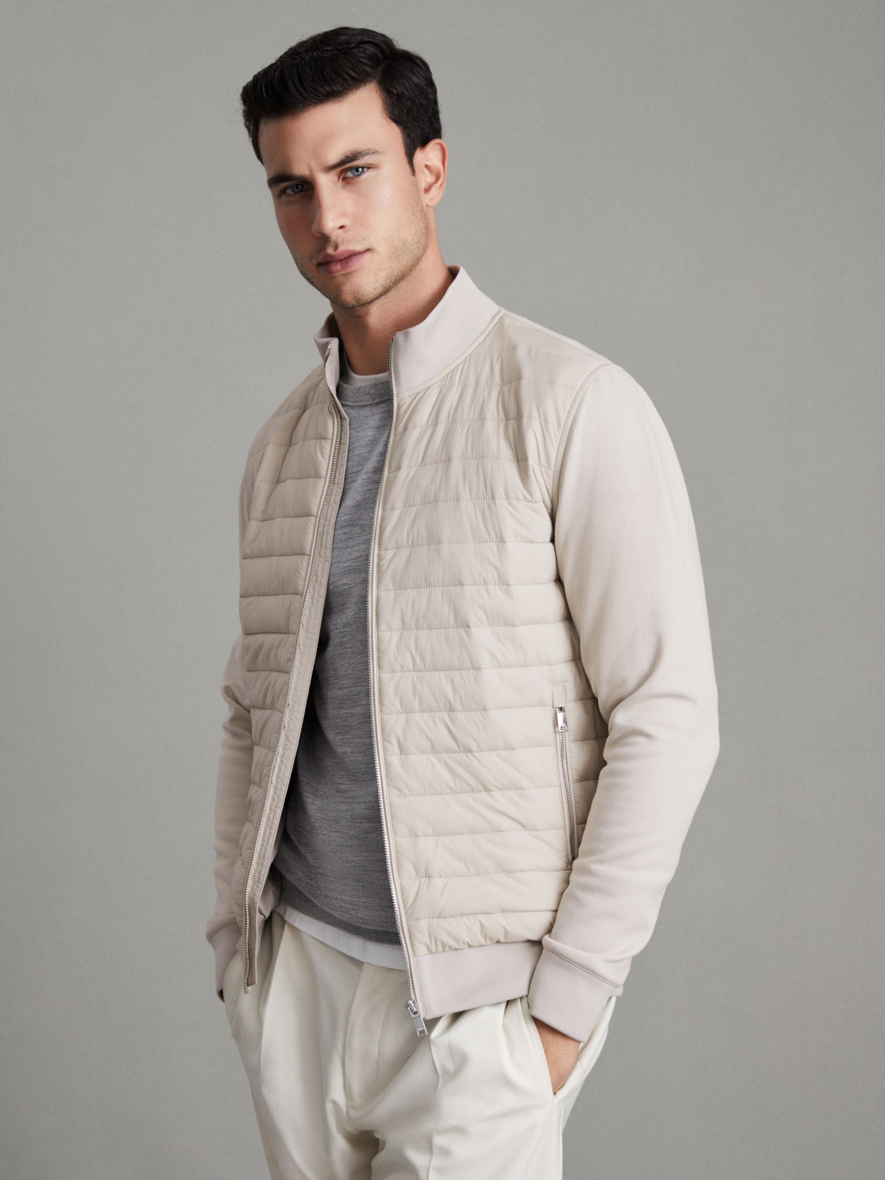 Hybrid Quilt and Knit Zip-Through Jacket in Stone - Image 1 of 7