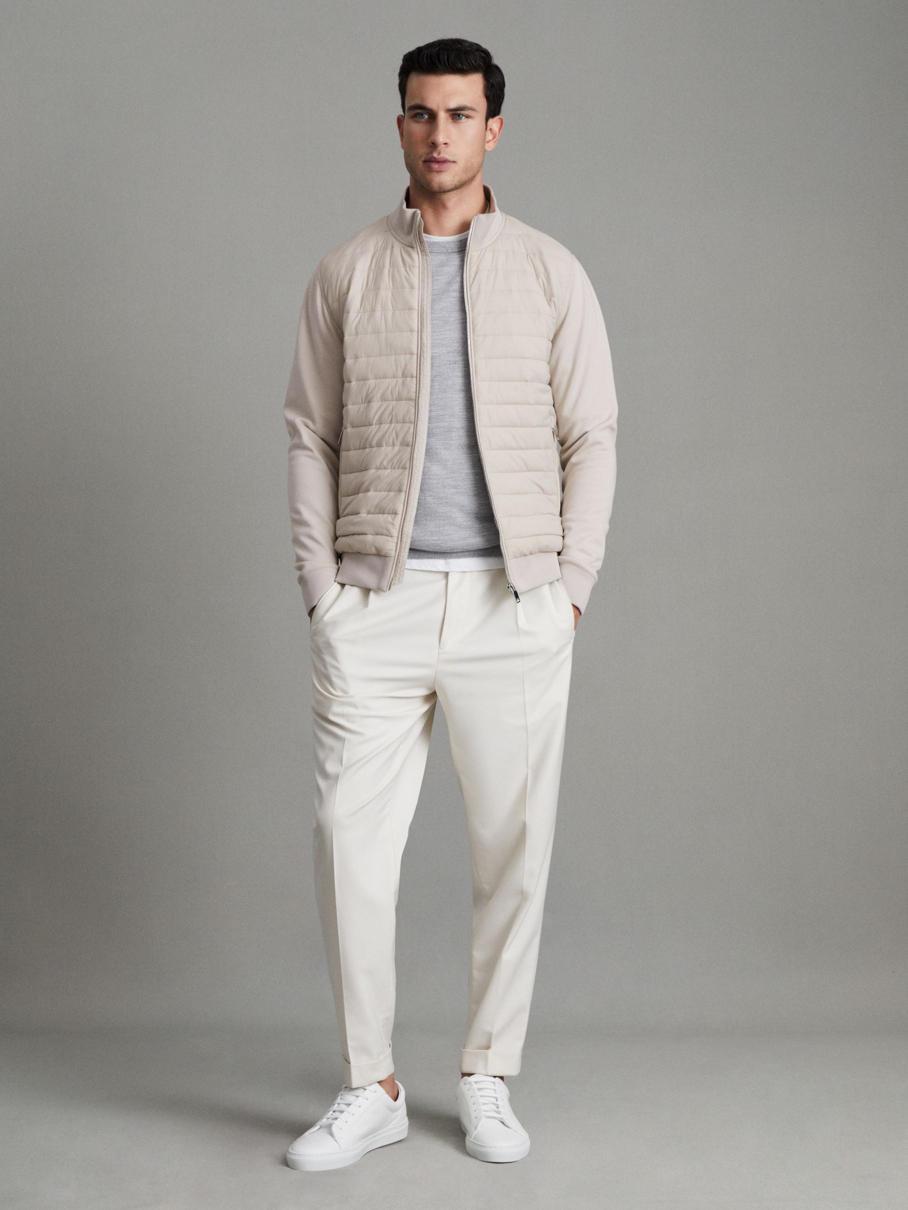 Hybrid Quilt and Knit Zip-Through Jacket in Stone - Image 3 of 7